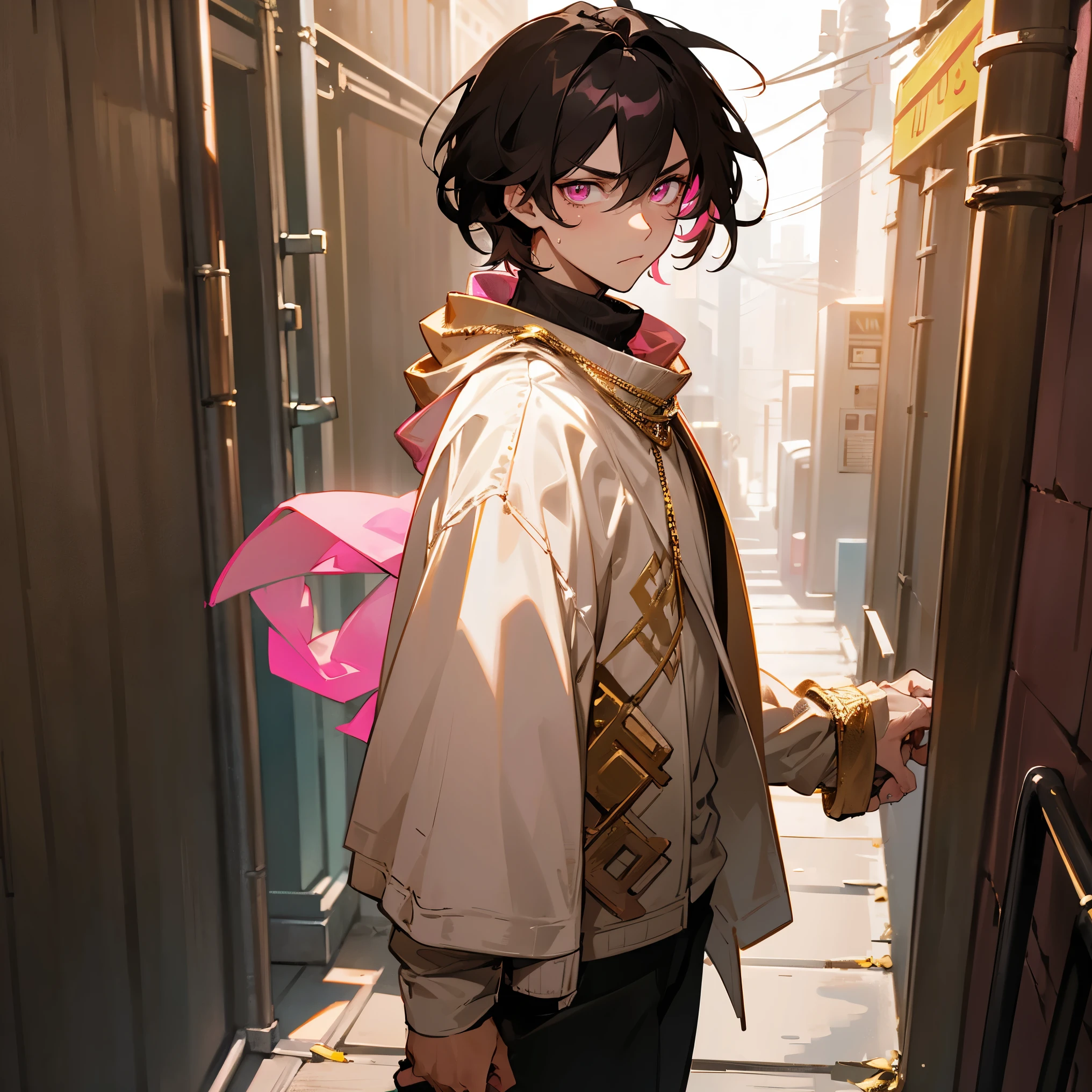 1male , Pink Eyes , Messy Black Hair , Serious Expression , white longesleeve turtleneck , Brown Gucci Scarf , Golden Chain Necklace , Modern City Background , Lighting , Looking back at the viewer , Walking through alley way , Casual Clothing