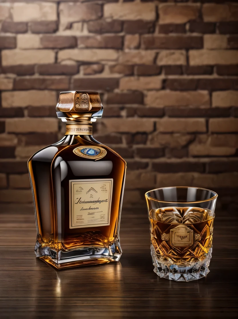 ((masterpiece、highest quality、Super detailed、High resolution、realistic、sharp focus))、((there are no humans))、high contrast、high color saturation、Note the large brandy bottle、ticker、cognac、Rémy Martin、((brandy glass with brandy))、brick wall background、blurred background
