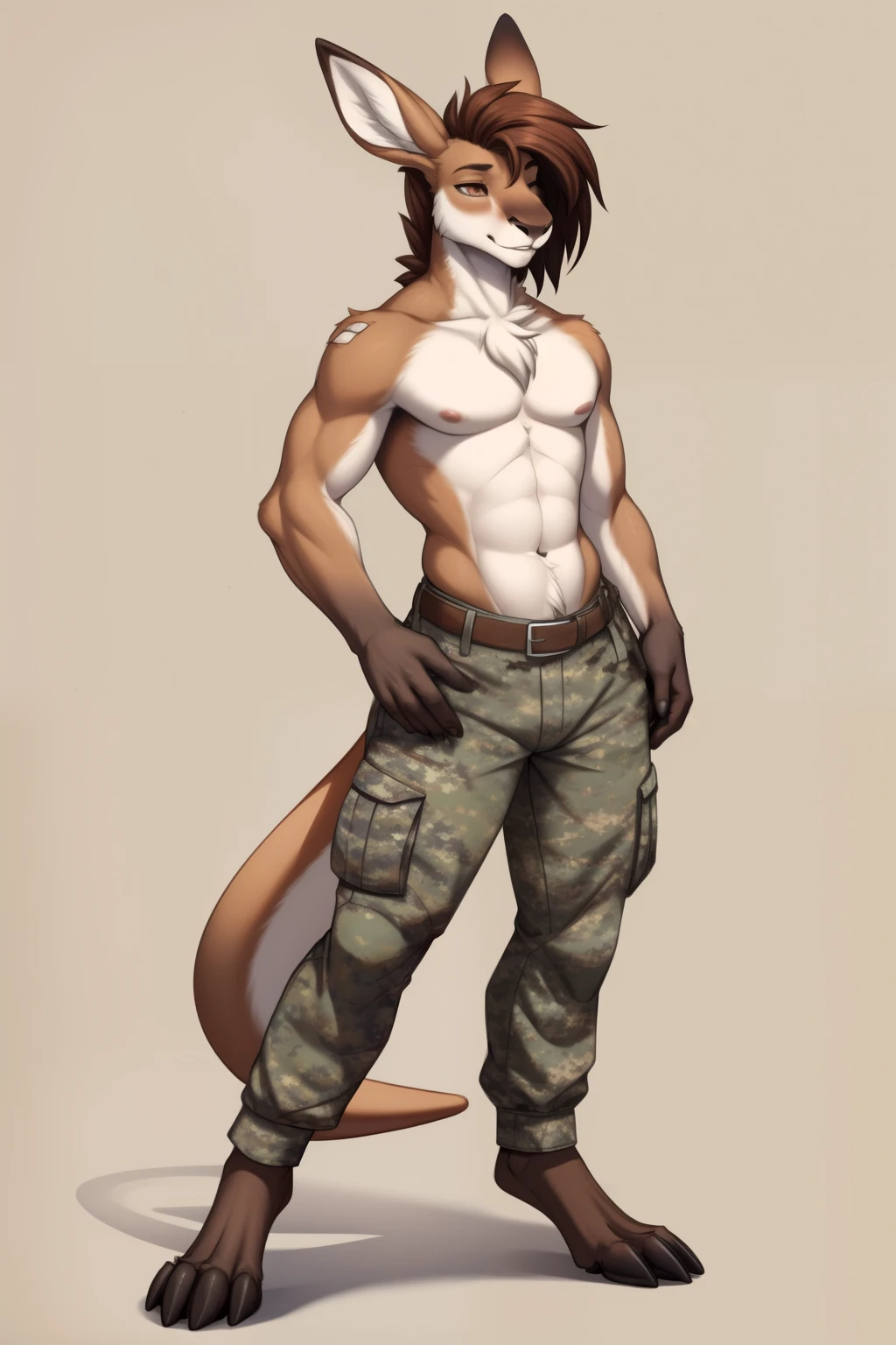 Kangaroo, formal standing pose, nougat fur colors, white torso patch furs, emo hair,brown hair, eyes hidden by hair, neutral, male, torso military belt, shirtless, camo pants,