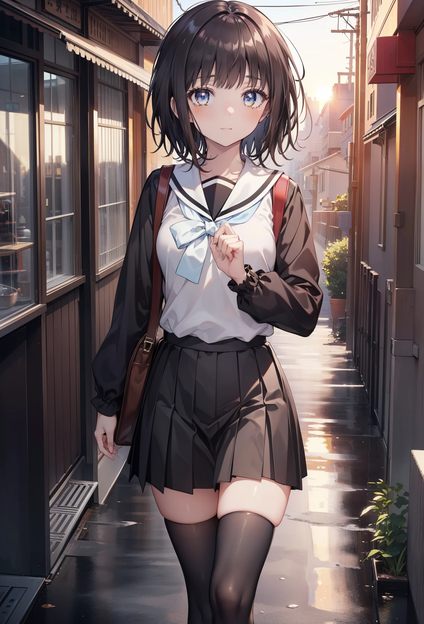 highest quality, masterpiece, High resolution, alone, {Itsuwa_toarumajutsunoindex:1.15}, brown eyes, brown hair, short hair, 1 girl, black hair,  black sailor suit,black pleated skirt,white stockings,brown loafers,walking,evening,sunset,In town,building street,(masterpiece:1.2), highest quality, High resolution, unity 8k wallpaper, (shape:0.8), (beautiful and detailed eyes:1.6), highly detailed face, perfect lighting, Very detailed CG, (perfect hands, perfect anatomy),