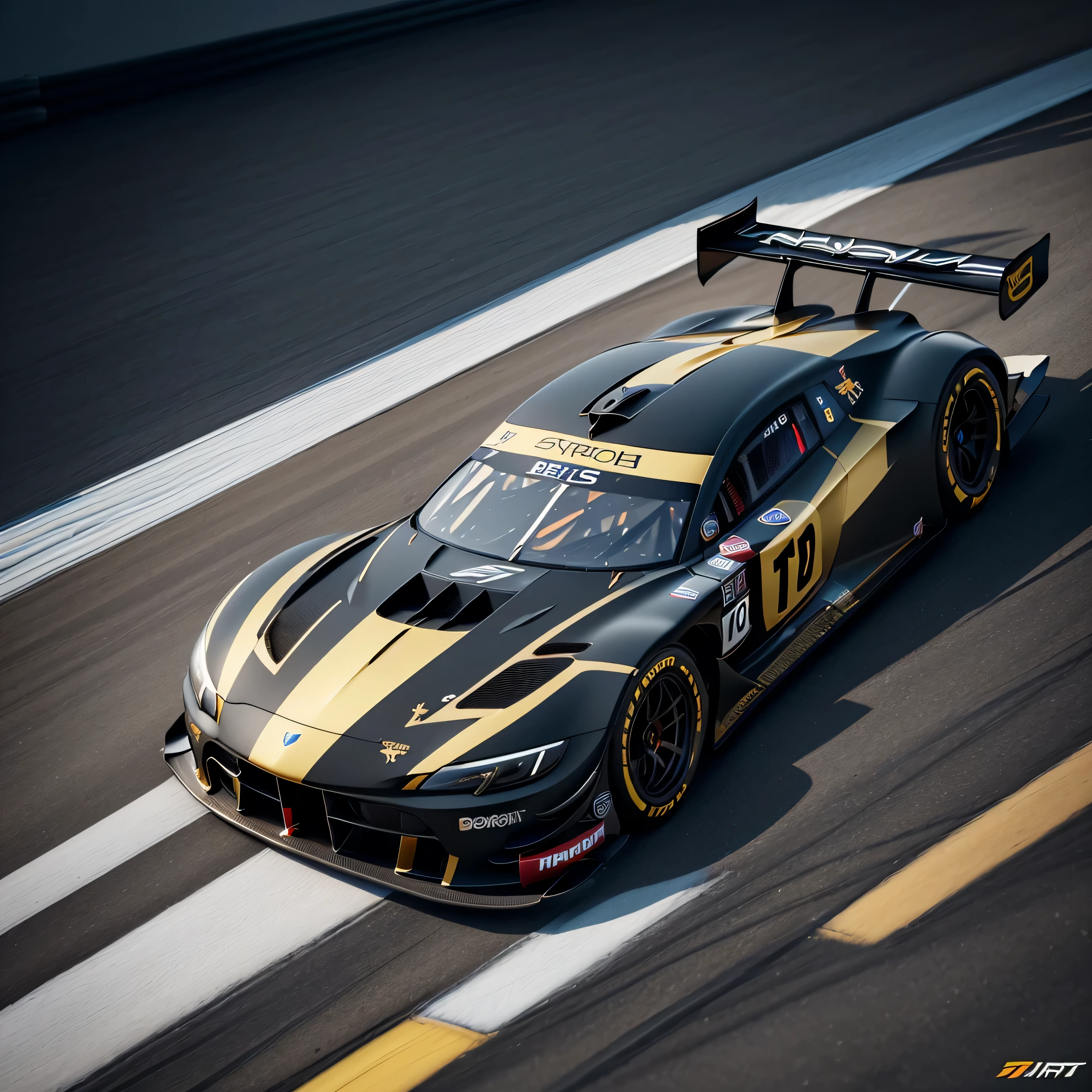 ((best quality: 1.5)) ((masterpiece: 0.8)), intricate details, sharp focus, professional, ((extreme racing car, matte black, gold, from below)), photorealistic, hyper-realistic, 8K