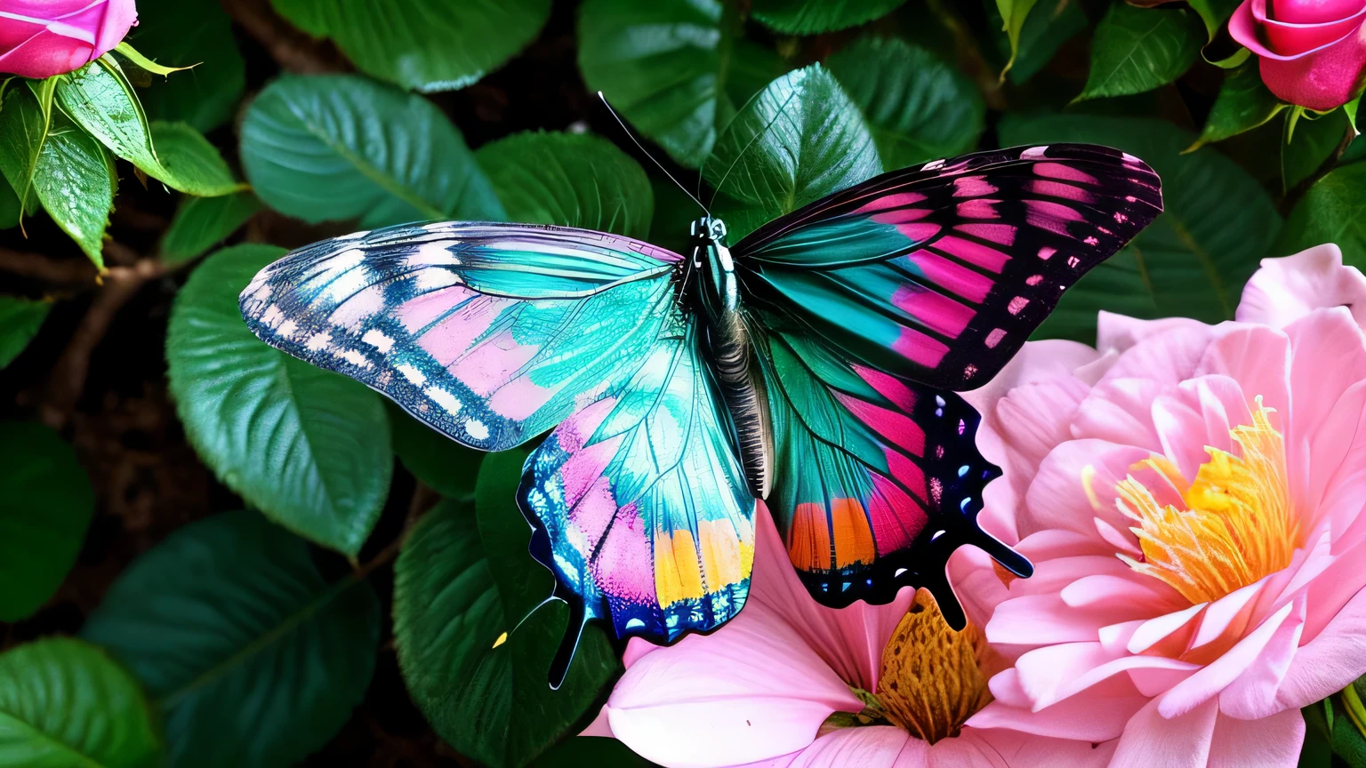 There is a butterfly sitting on a pink rose, turquoise and green pink, flores y mariposa s, mariposa, butterfly harmony, beautiful wallpaper, Green and pink, beautiful and colorful, beautiful nature, Green and blue colors, Pink and green, blue and pink colors, Colorful HD Drip, beautiful colorful, Hermosa HD, butterfly azules brillantes, butterfly