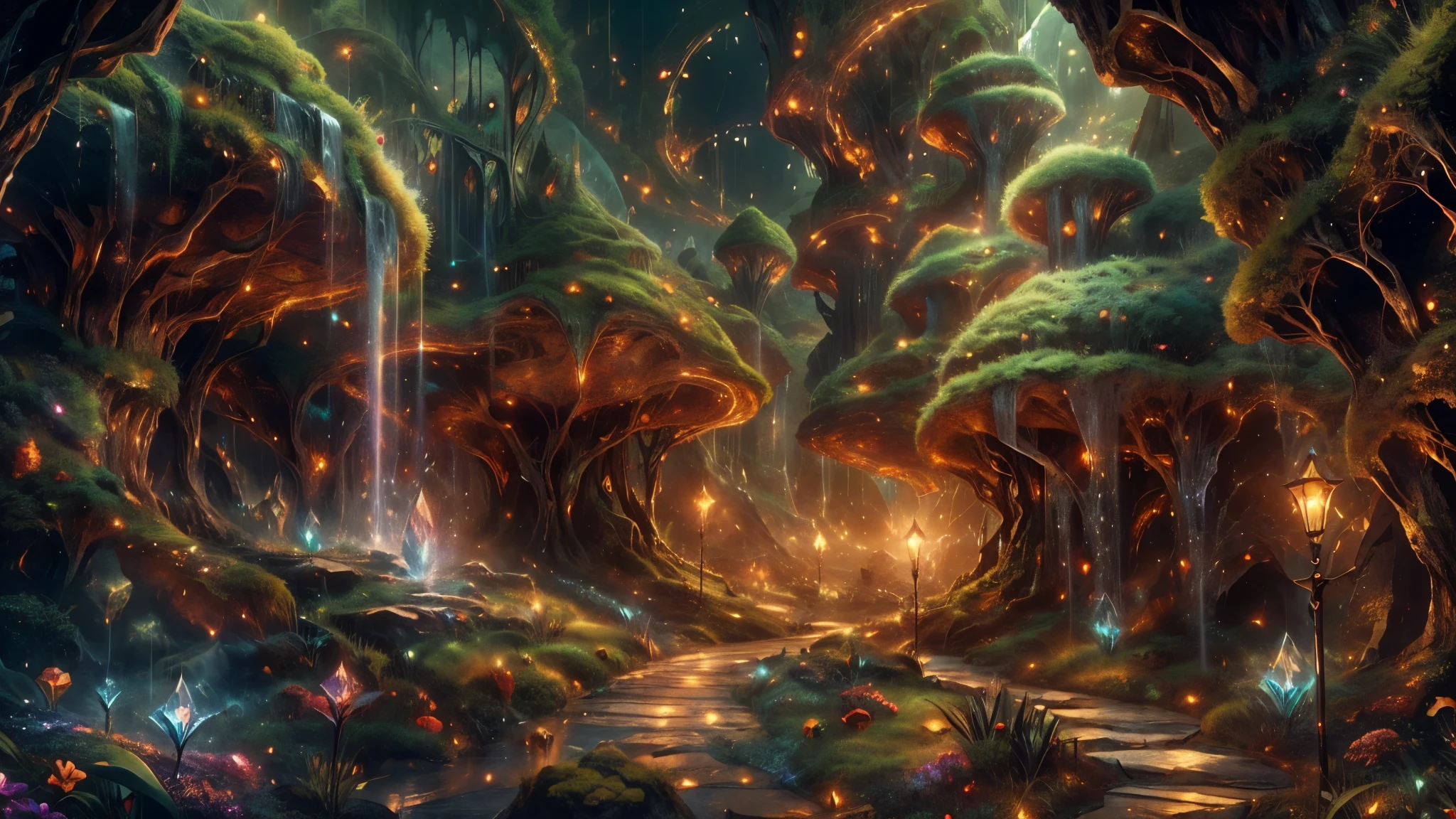 (best quality,8k,panoramic view,masterpiece:1.2),magical mines,enchanted cave,shining gems,mystical atmosphere,sparkling crystals,illuminated pathway,jewel-toned hues,dreamy ambiance,ethereal glow,whimsical cavern,mysterious shadows,glowing moss,enchanted waterfall,twinkling stars,hidden treasures,stunning rock formations,ethereal light beams,otherworldly landscapes,intricate details,fantastical underground world,spellbinding beauty,fairy tale realm,timeless masterpiece.