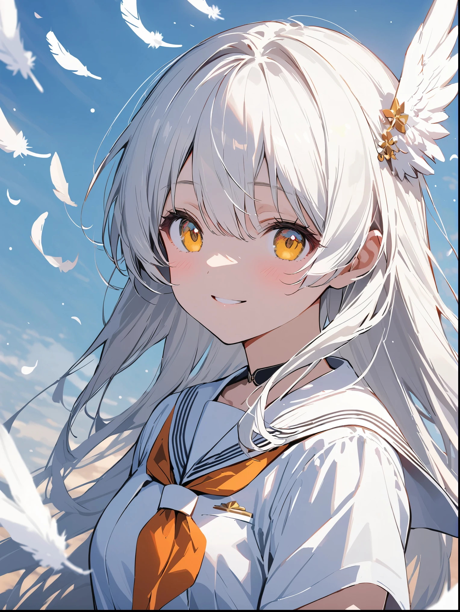 8K resolution, ((highest quality)), ((masterpiece)), ((Super detailed)), (andても繊細で美しい), 少女and, Solo, gentle expression, 彼女はandても(relax)and(Calm)exterior, white haired, written boundary depth, bright smile, bright yellow eyes, bright white hair, beautiful background, long hair, linear art, black skirt, White uniform like a sailor suit, Angel, Angelの白い翼, White feathers flutter, Eyes that shine like amber, upper grade, wonderful eyes, Upper body