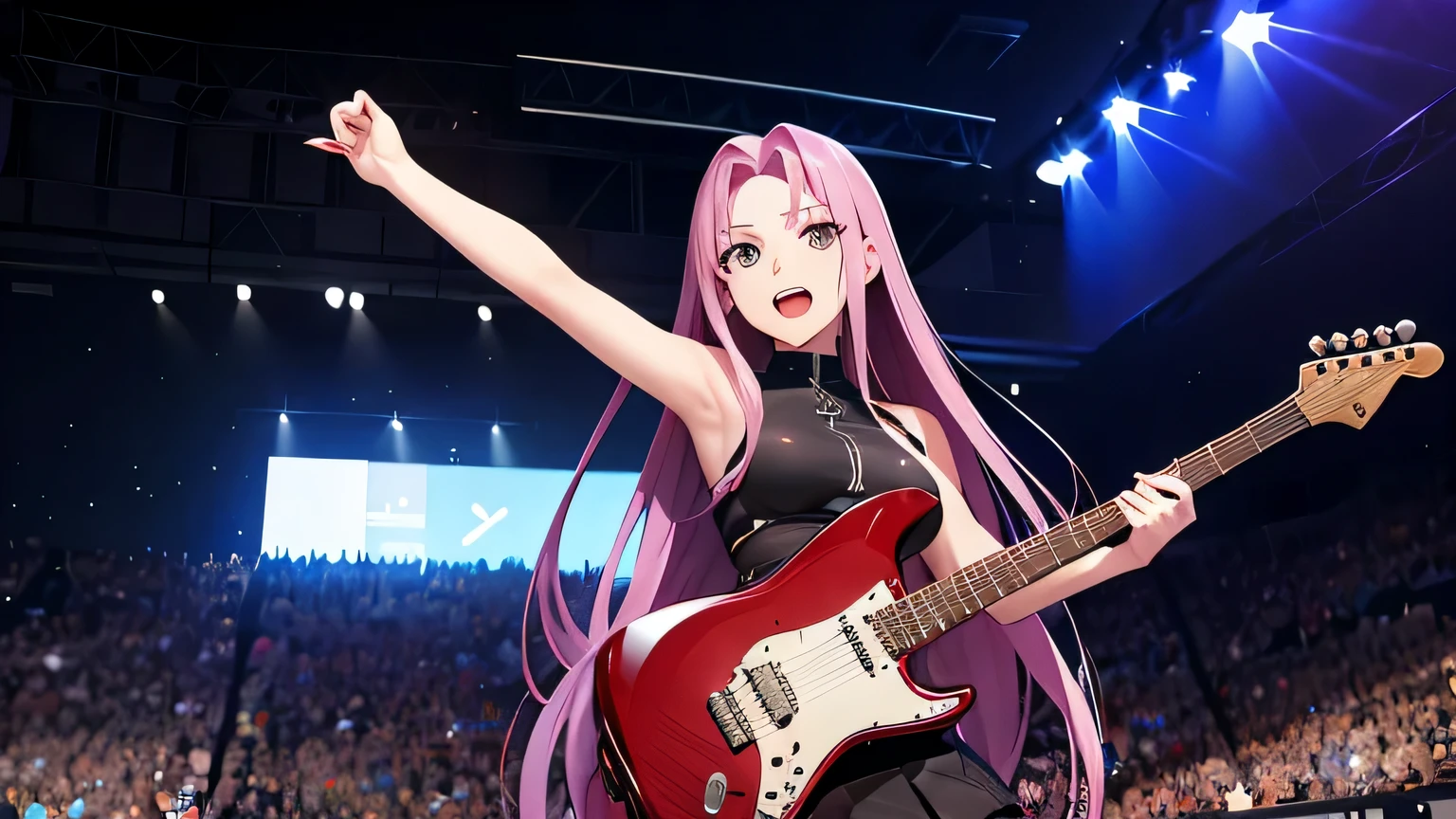 generate a{cartoon《Fateful night》《Medusa》role in}Guitar singing，stage scene pictures，Draw her whole body，The audience at the scene raised their cheering sticks，super high quality，delicate face