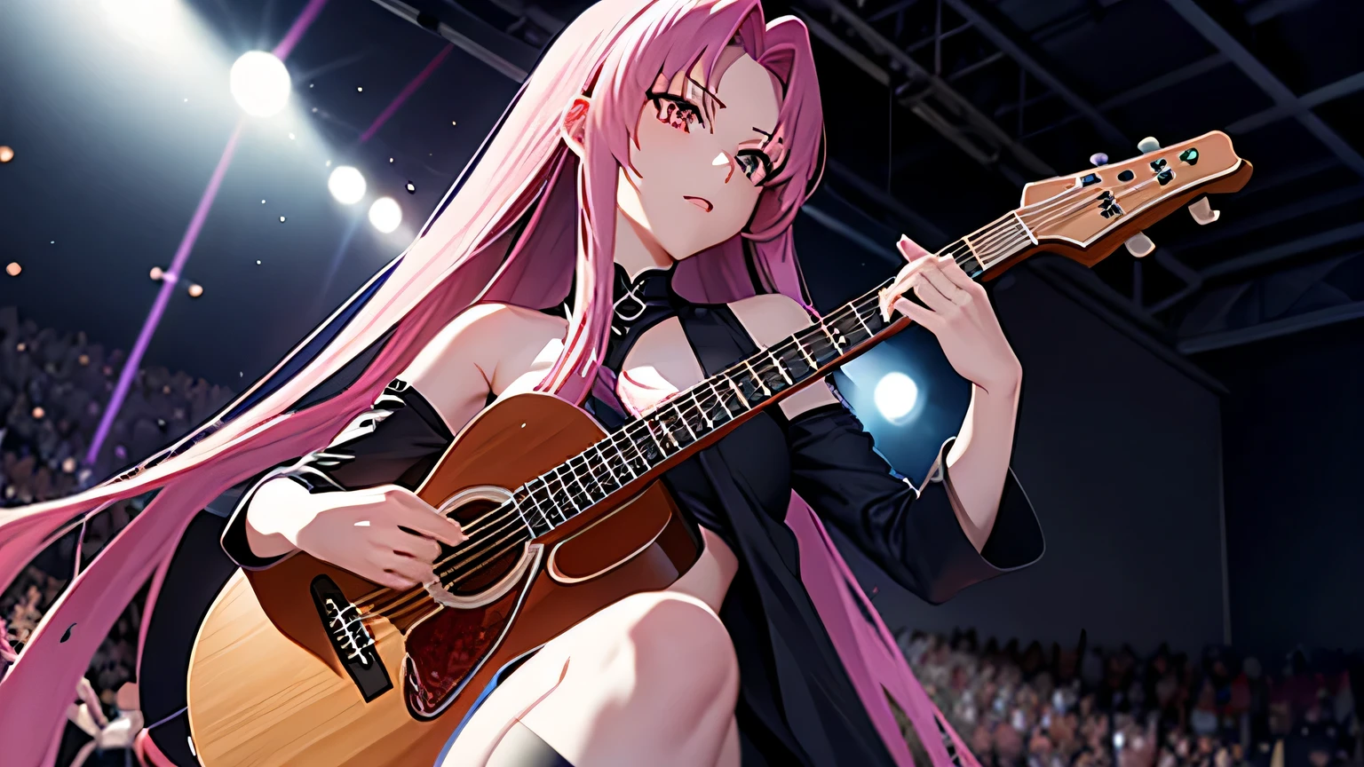 generate a{cartoon《Fateful night》《Medusa》role in}Guitar singing，stage scene pictures，Draw her whole body，The audience at the scene raised their cheering sticks