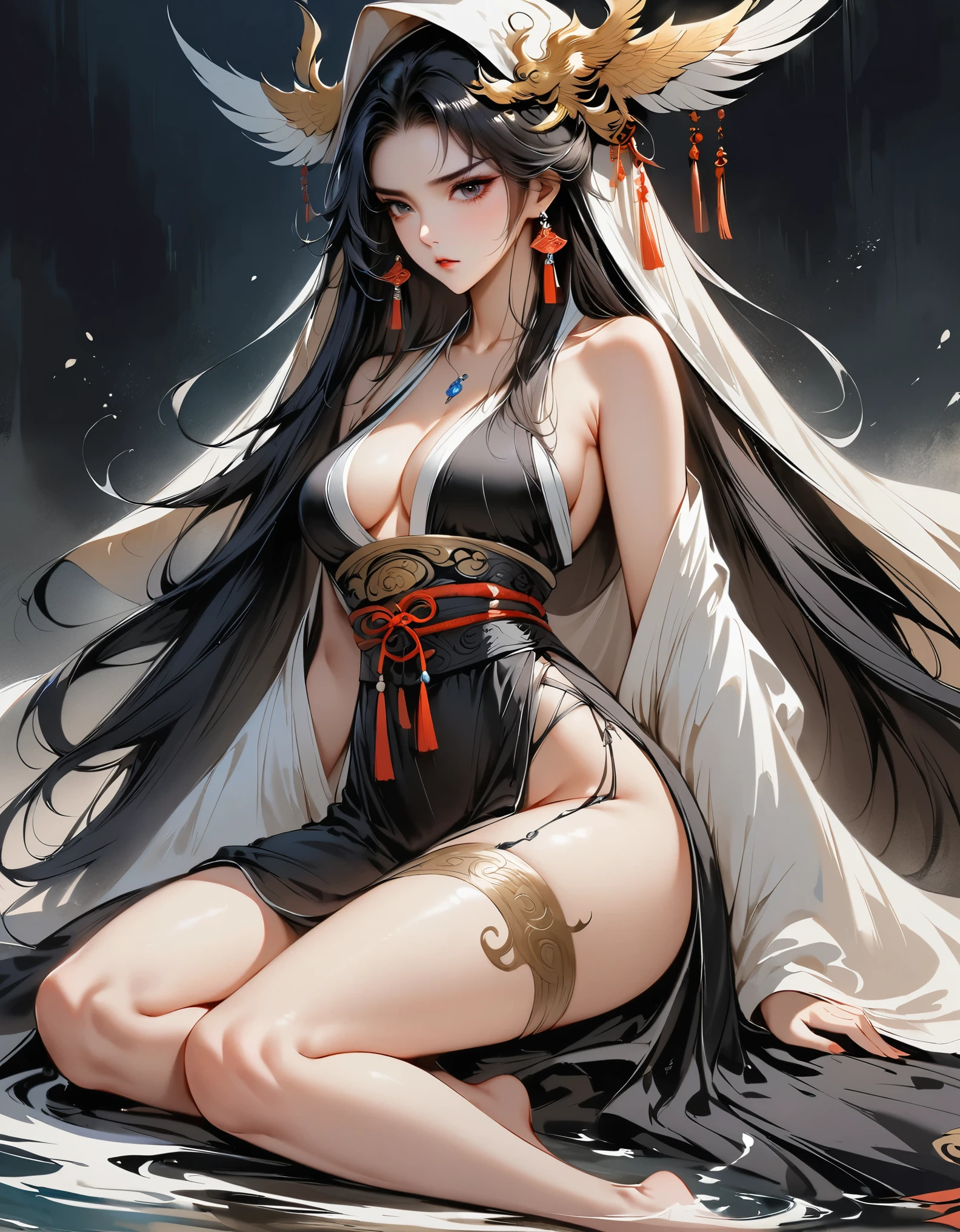 (masterpiece, best quality:1.2), 1 girl, alone,Two dimensions,amazing,Inspired by the myths and legends of Guilin, China:Liu Sanjie,A bust of a woman 白色的长发,black eyes, Peerless beauty,a woman, with a cloak on his head,elegant sitting posture,barefoot,, metal jewelry, Serious expression, attack action, hanfu, black clothes, icy look in the eye, loose hair, (ink smudges) beautiful figure painting, Clothing black and white ink style, Delicate complexion, watercolor, soft, martial arts style, ethnic style, Exquisite and beautiful face, girdle, sharp vision,black theme,The ferocious beast behind,(body movements,whole body,Correct human anatomy)