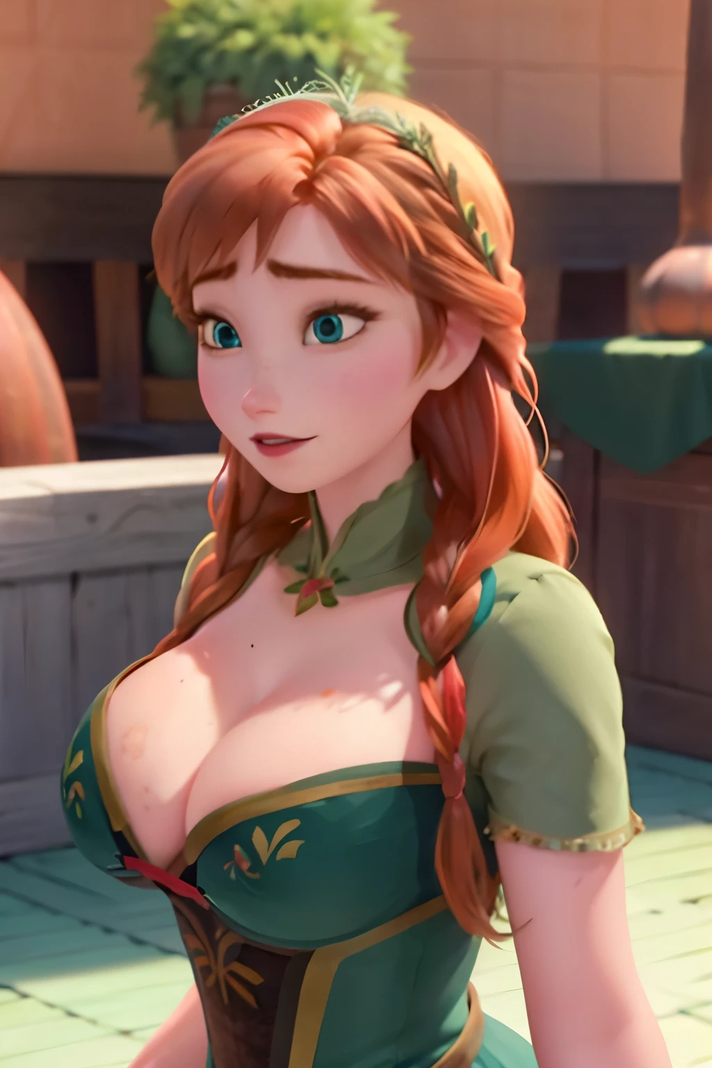 Artwork, 1 Girl, Anna of Arendelle, red hair, green eyes, big breasts, flushed cheeks