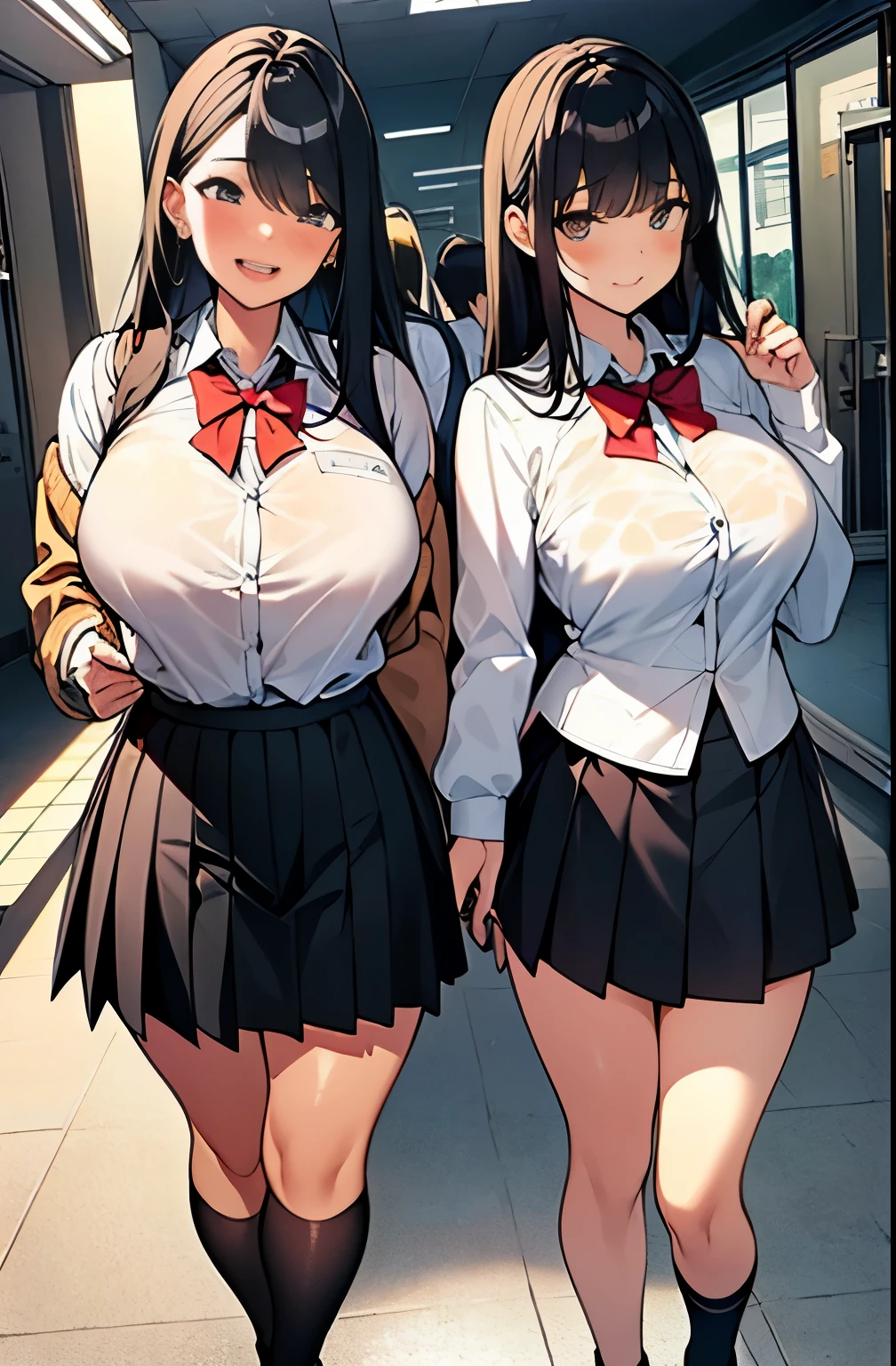 （（super high quality,））（（Ultra-high resolution,））（16K,）（super masterpiece,）（（Ultra HD ,））（Detailed shading,）Three sexy mature women,Side by side,Office Lady,（（popped Tight collar White shirts,））Unbutton the third button,Black tight skirt,Glasses,blush,Lewd smile,Sweaty,Bedroom at night,