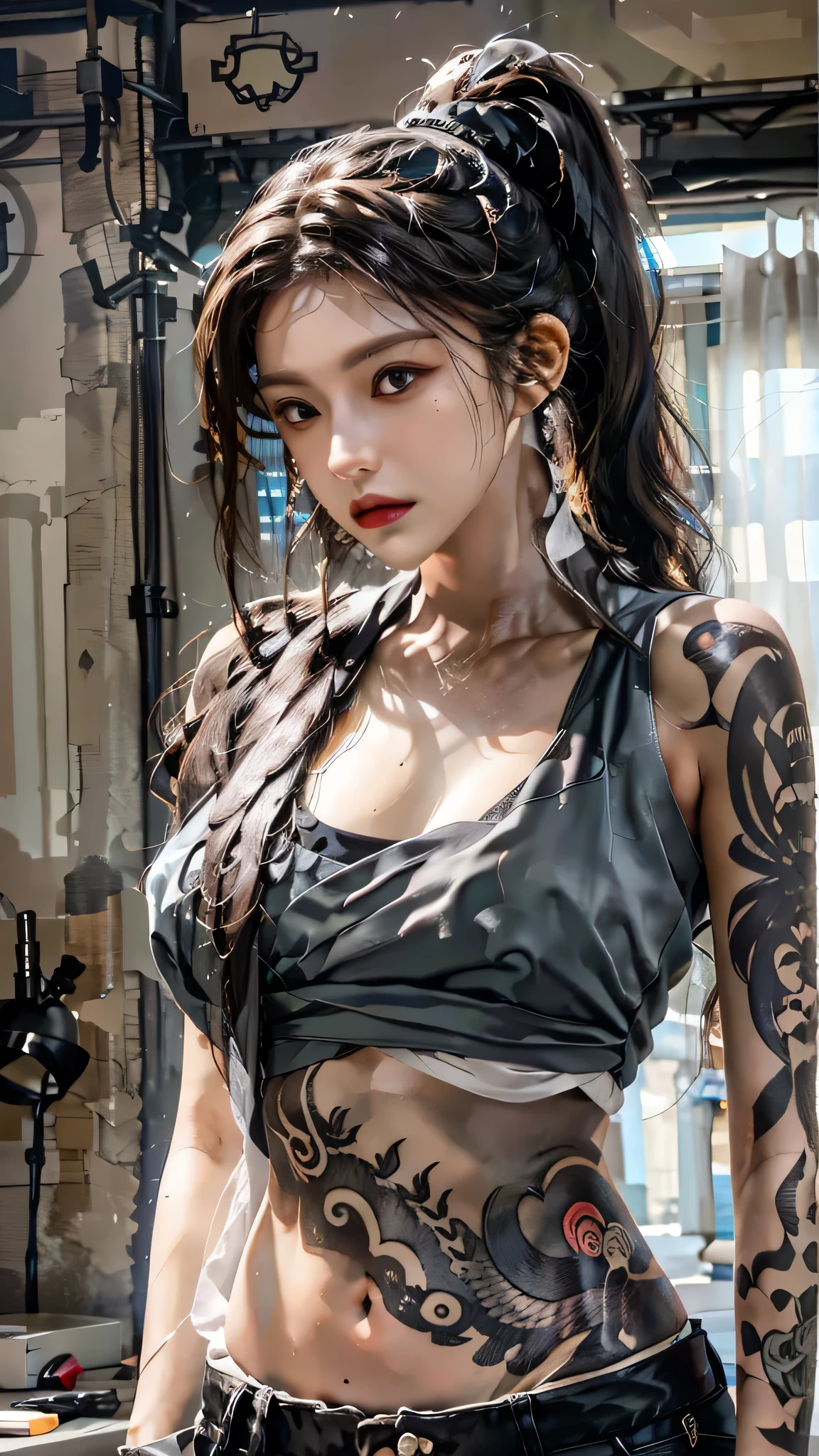 photorealistic, high resolution, soft light,1women, solo, hips up, (detailed face), jewelry, tattoo,black mafia clothing, ponytail hairstyle, black hair, super long hair, looking viewers, tatto, messy hair, close up, small breast, adult