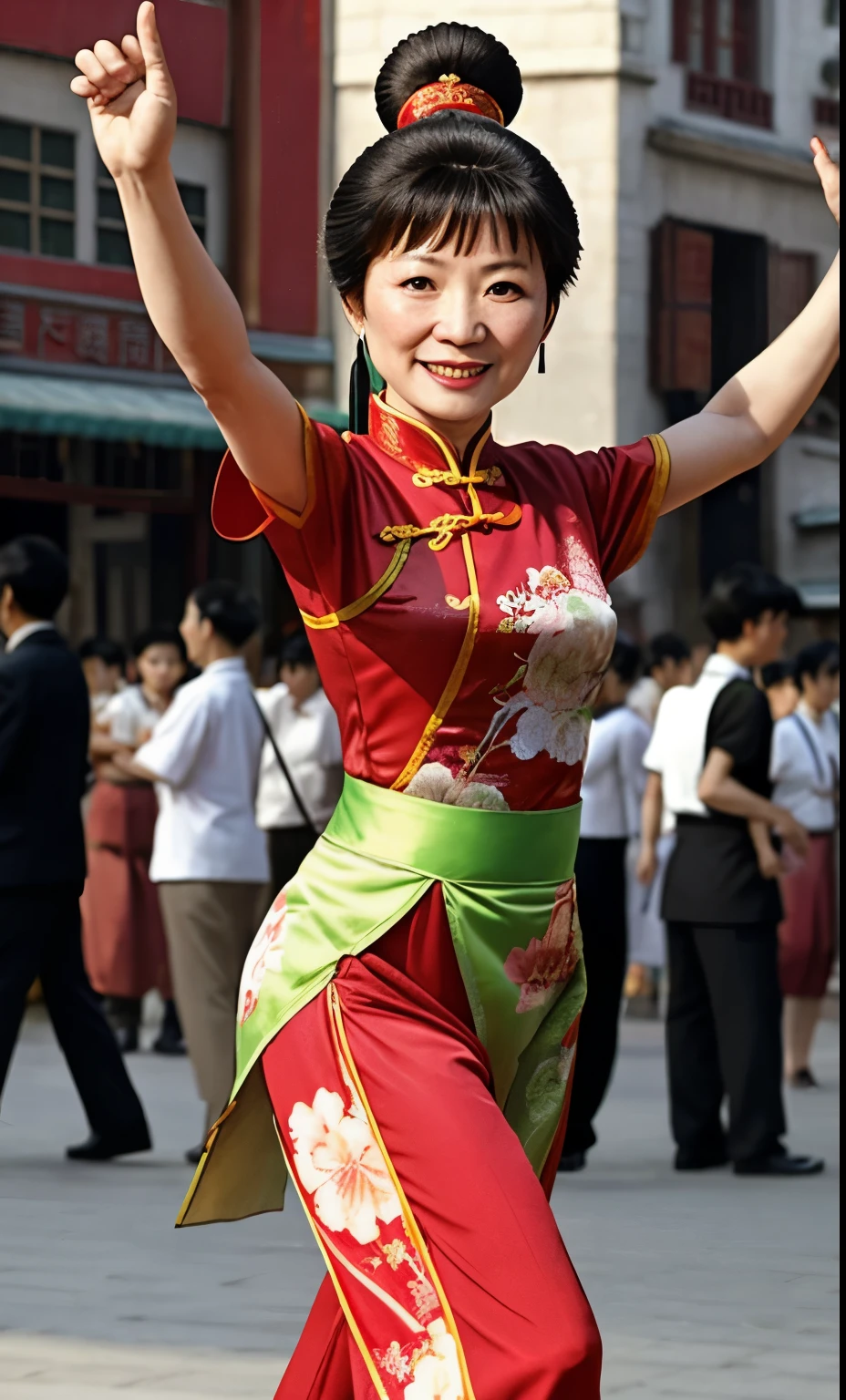 A Chinese aunt is dancing in the square