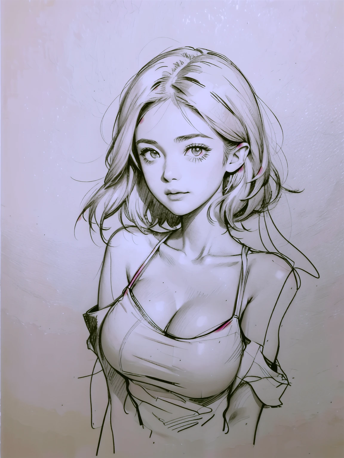 portrait,((sketch)), monochrome, Grayscale,((blush)),1 girl,((Cowboy shooting)), ((Keep your mouth shut)), short hair,White T-shirt, Denim shorts, Big breasts, looking at the audience,permanent, Upper body, ((Simple background)),White background,