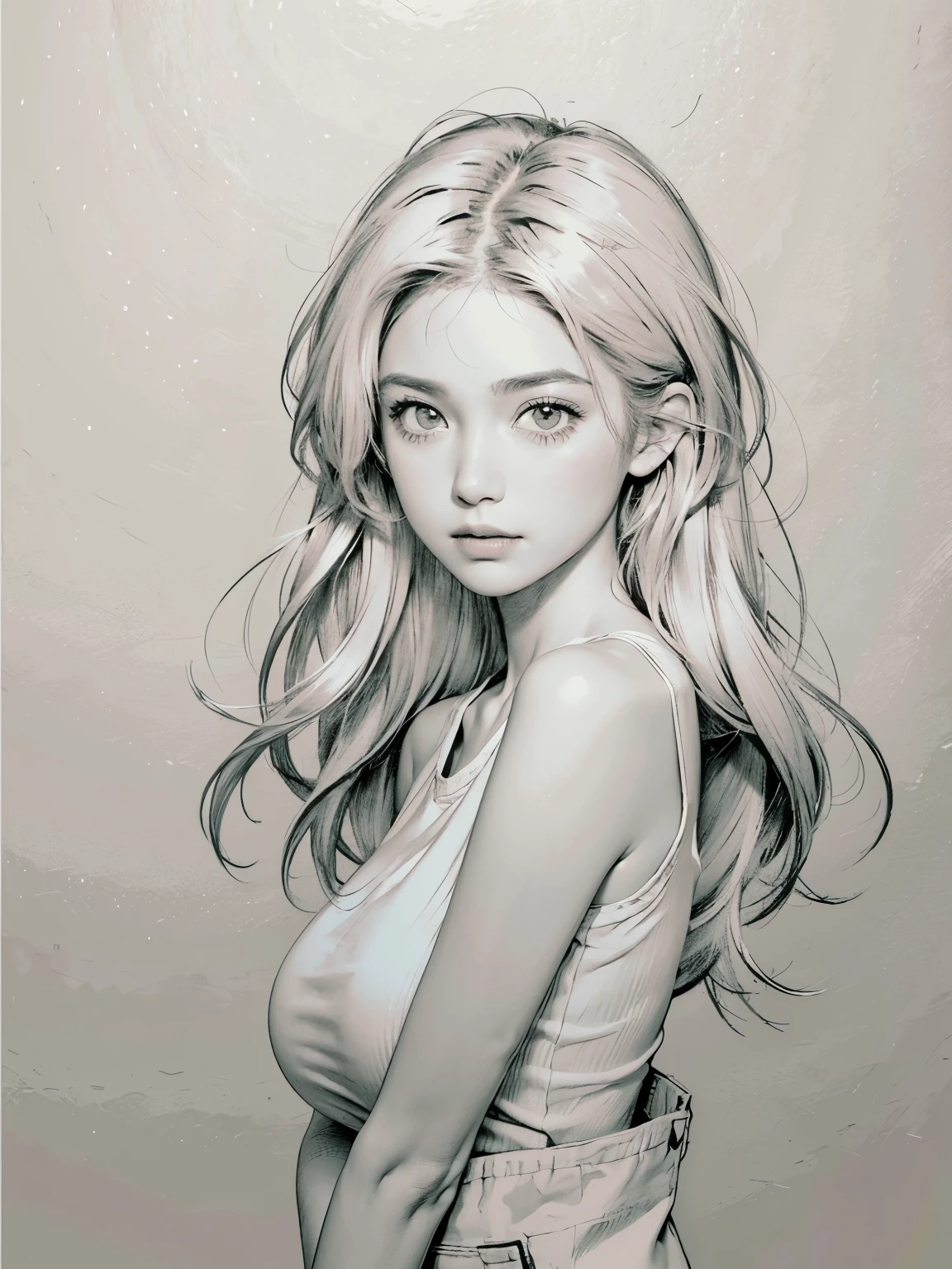 portrait,((sketch)), monochrome, Grayscale,((blush)),1 girl,((Cowboy shooting)), ((Keep your mouth shut)), short hair,White T-shirt, Denim shorts, Big breasts, looking at the audience,permanent, Upper body, ((Simple background)),White background,