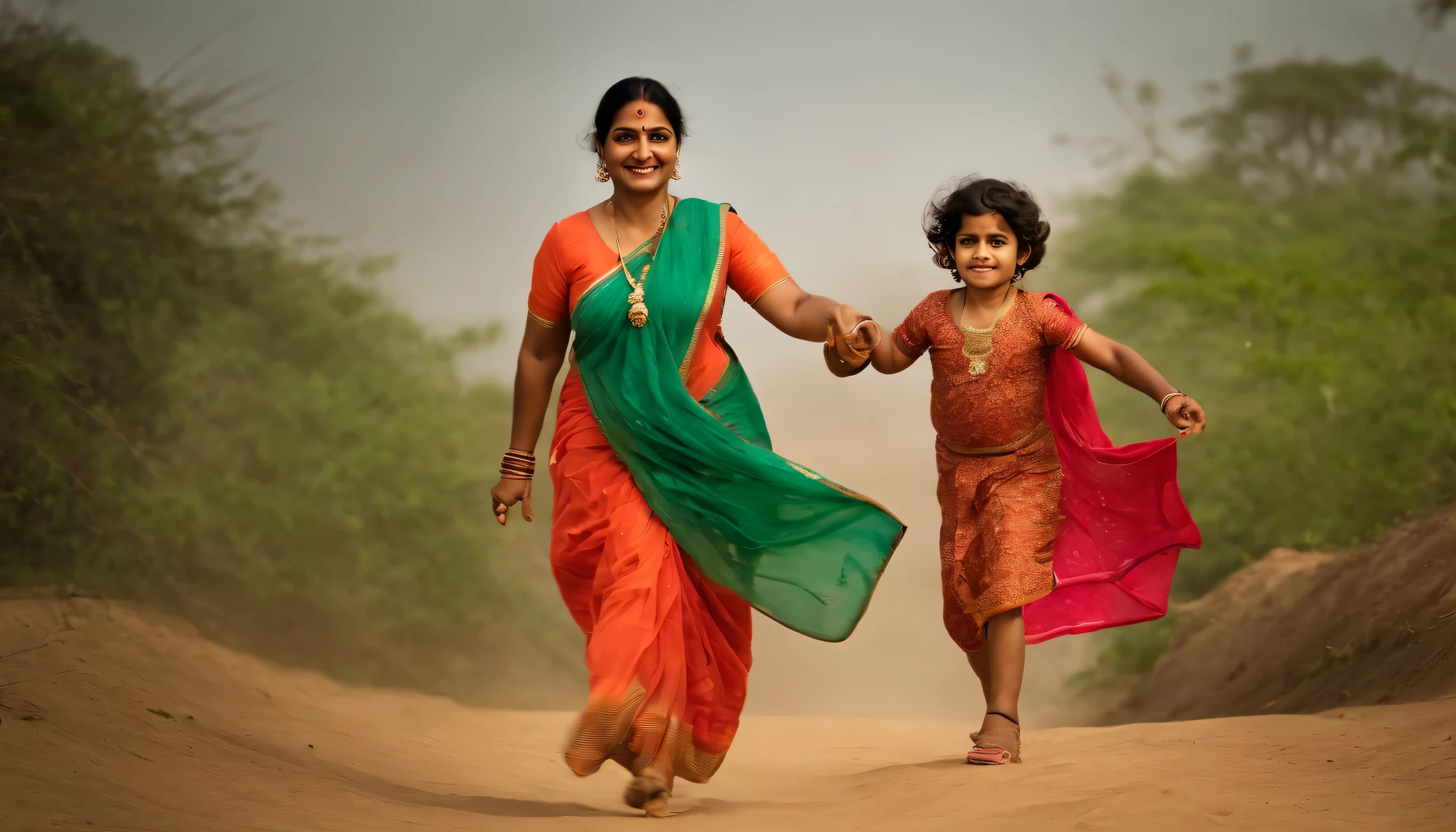 An Indian middle class mother is running with her hands extended in Bollywood style looking fordward