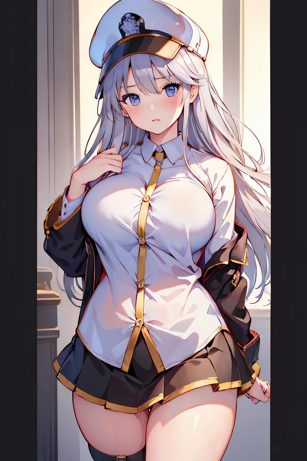 (((masterpiece))),(((high resolution)))、(((perfect face)))、(((beautiful woman)))、((shirt))、((skirt))、((silver hair))、((hat))、(big breasts)、(Plump)、embarrassed expression、(((looking at the camera)))、NSFW
