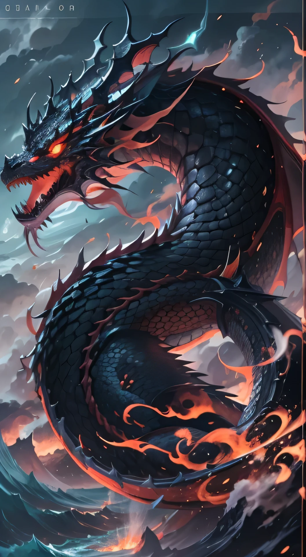 Dragon King，Chinese dragon，（pure black：1.3），glowing eyes，Fine hairs，The face is painted by the flowing black sea，fangs，Focus in the clouds and up close：1.3），best quality，extra fine，Infinite details，Realistic photos，best quality，masterpiece，High quality wallpaper，8K,Octagon rendering,（Not in human form：1.4