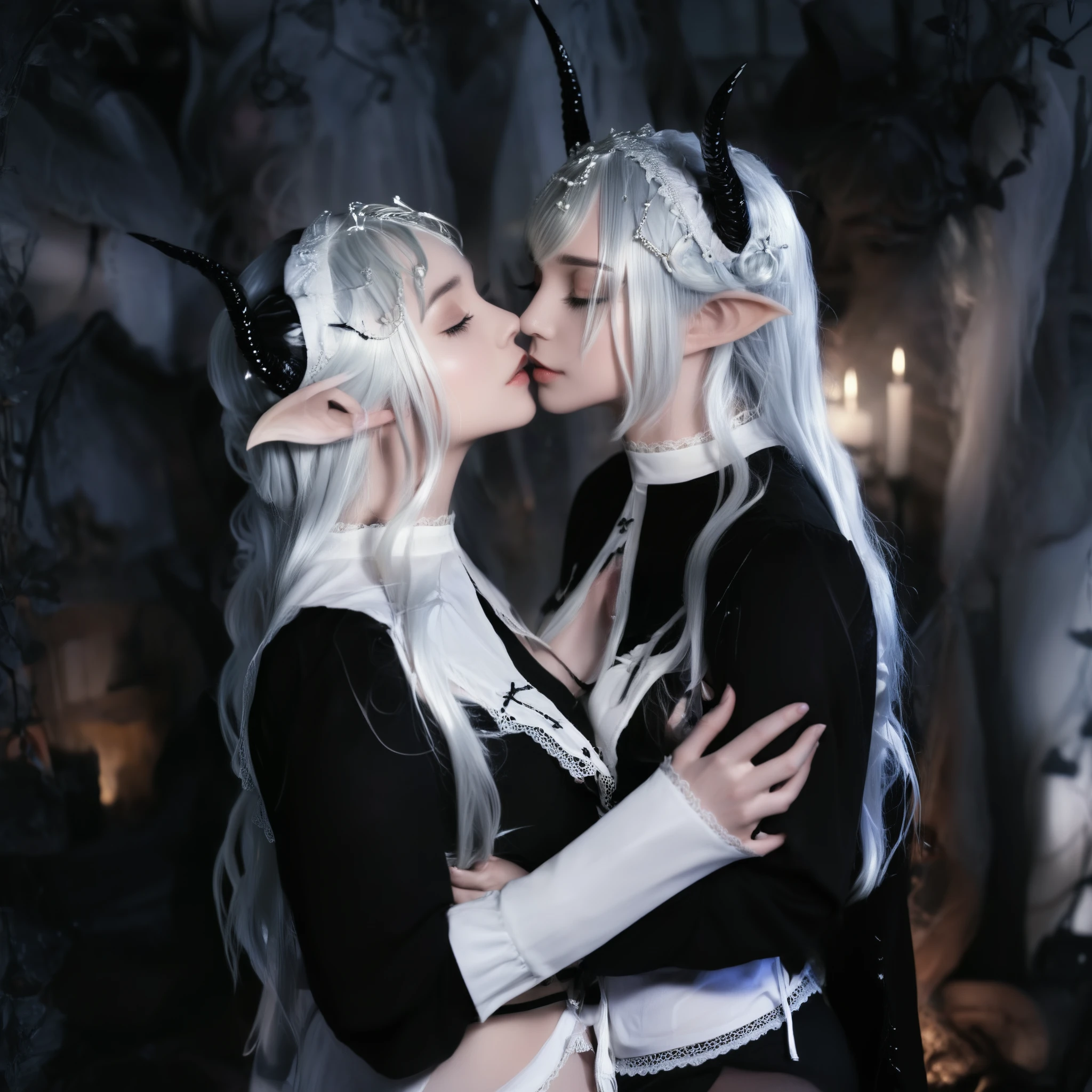 Dark Elf, 2girl ,An angel and a demon,black clothes,white clothes, black hair, white hair, Horn, cinematic lighting,Hugging together