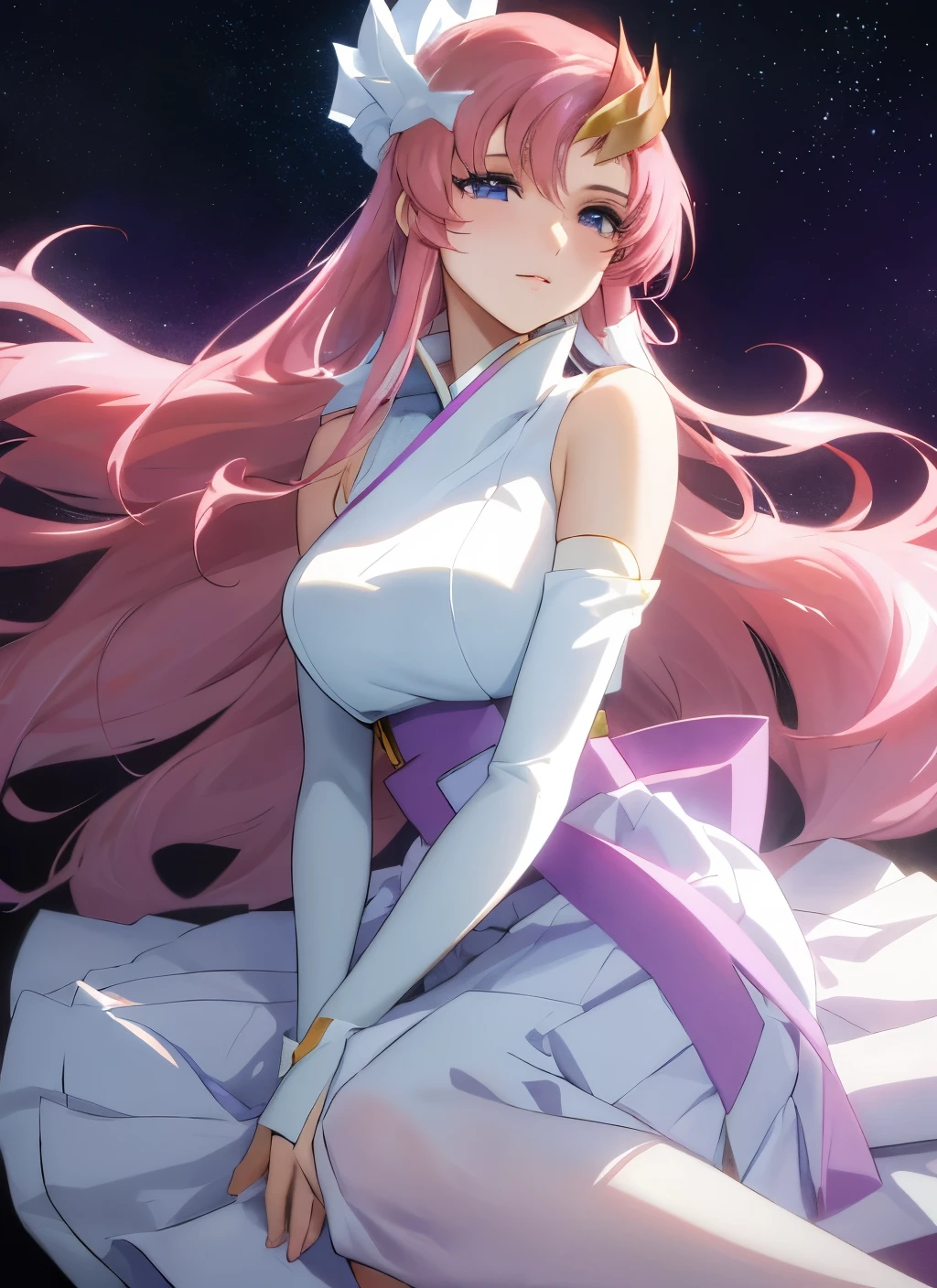 Masterpiece,detailed eye,detailed skin,detailed face,shiny skin,detailed hair,white skin,perfect lighting,shiny lips,8k,wallpaper,Kyoto animation, anime coloring  ,Lacus clyne,gundam seed , wing gundam,pink hair, straight hair,blue eyes , (((hair ornament, white detached sleeves,luxurious white dress, luxurious purple skirt, luxurious long skirt))),very long hair, bare shoulders, stars background 