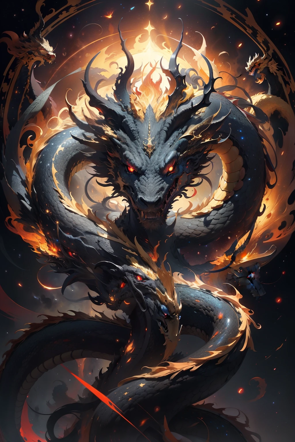 "Majestic cosmic golden oriental dragon，Red eyes, floating gracefully in the endless、In a black space filled with stars, Exuding a majestic but ominous aura".