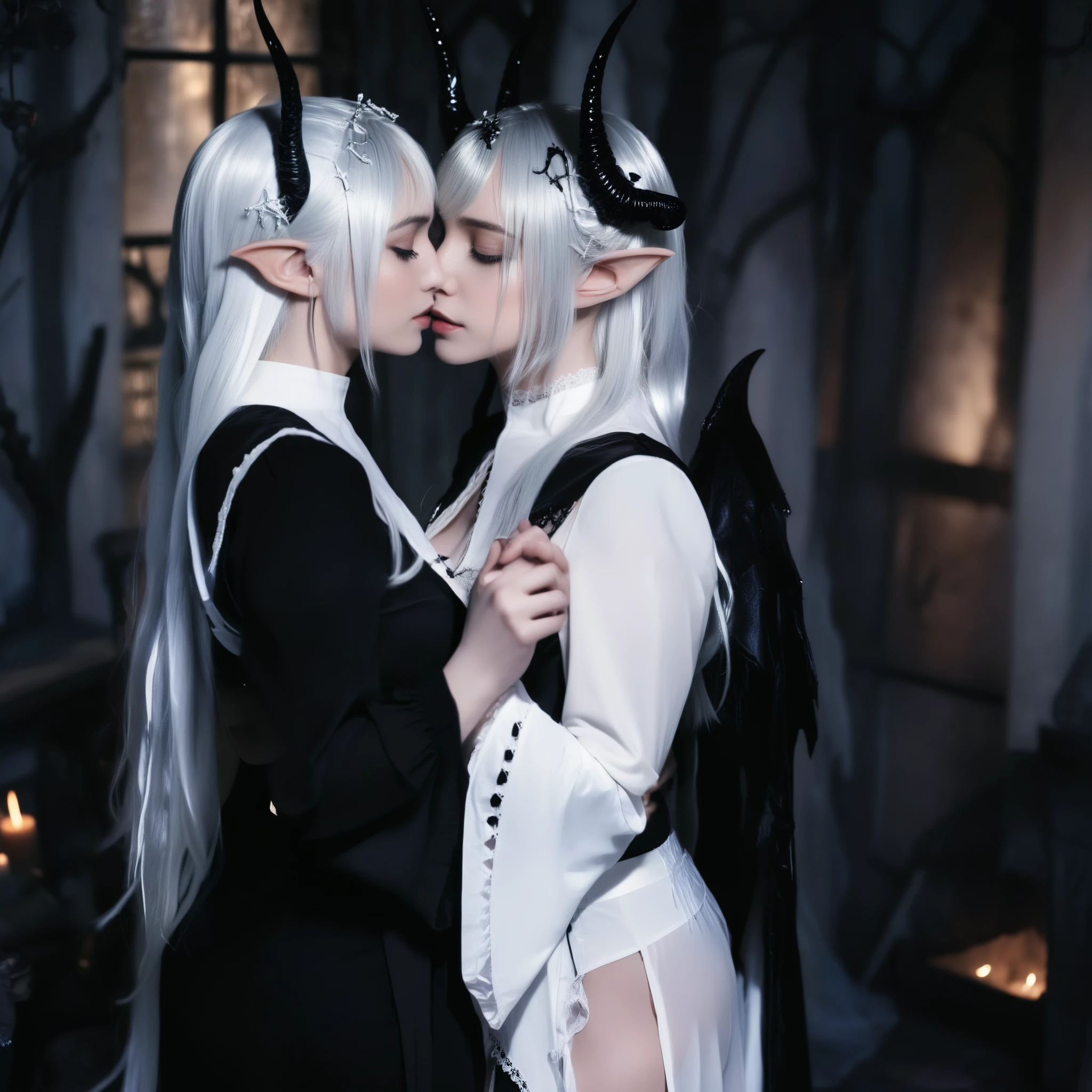 Dark Elf, 2girl ,Angel and demon,Black clothes,white clothes, black hair, White hair, horn, cinematic lighting,Hugging together