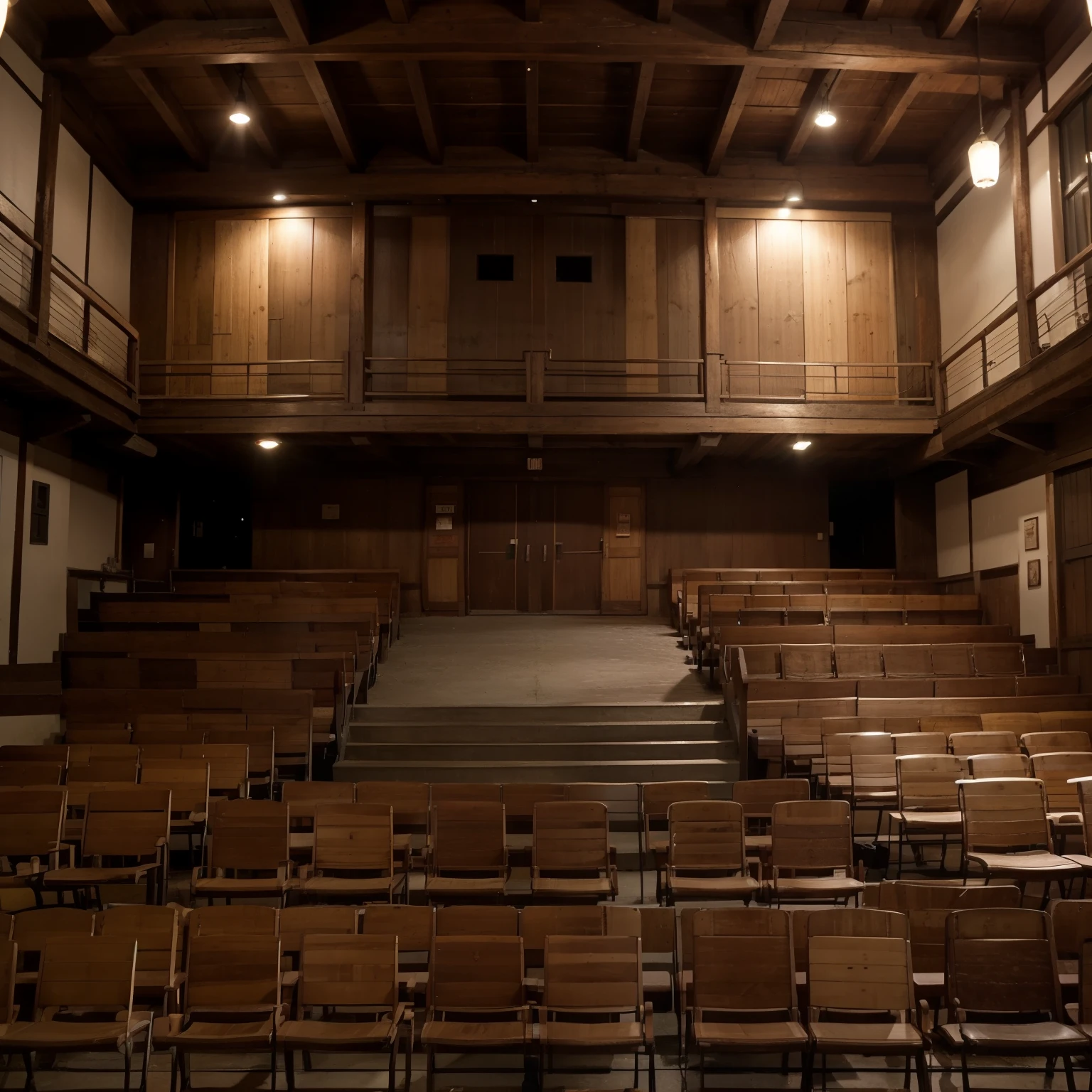 Traditional Taiwanese movie theater space from the 1950s featuring two black projection apertures on the wooden wall upfront and neatly arranged cypress movie chairs below, evoking the architectural heritage of Lukang Old Street. The theater boasts traditional Minnan-style cement window frames and a façade crafted from a combination of cement and wood. This scene captures the authenticity of the era, showcasing intricate details such as the wooden beams supporting the traditional ceiling. The illustration should emulate the vibrant colors and rich textures of color film photography, capturing the essence of the 1950s cinema experience with maximum realism and attention to detail. The perspective is akin to a panoramic photograph taken at eye level.