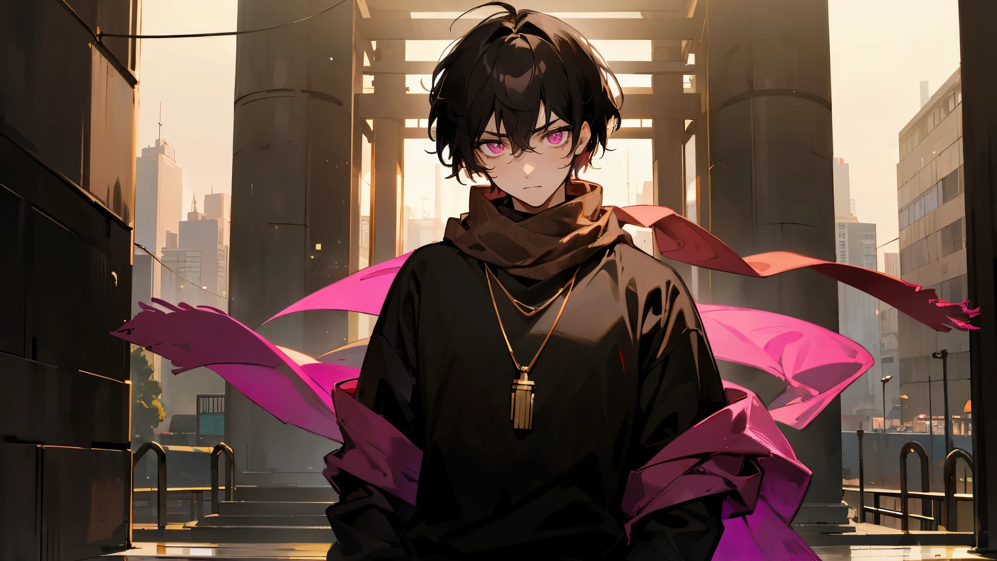 1male , Pink Eyes , Messy Black Hair , Serious Expression , Brown Gucci Scarf , Golden Chain Necklace , Black Long sleeve T-Shirt, Modern City Background , Lighting , Standing infront of a shrine