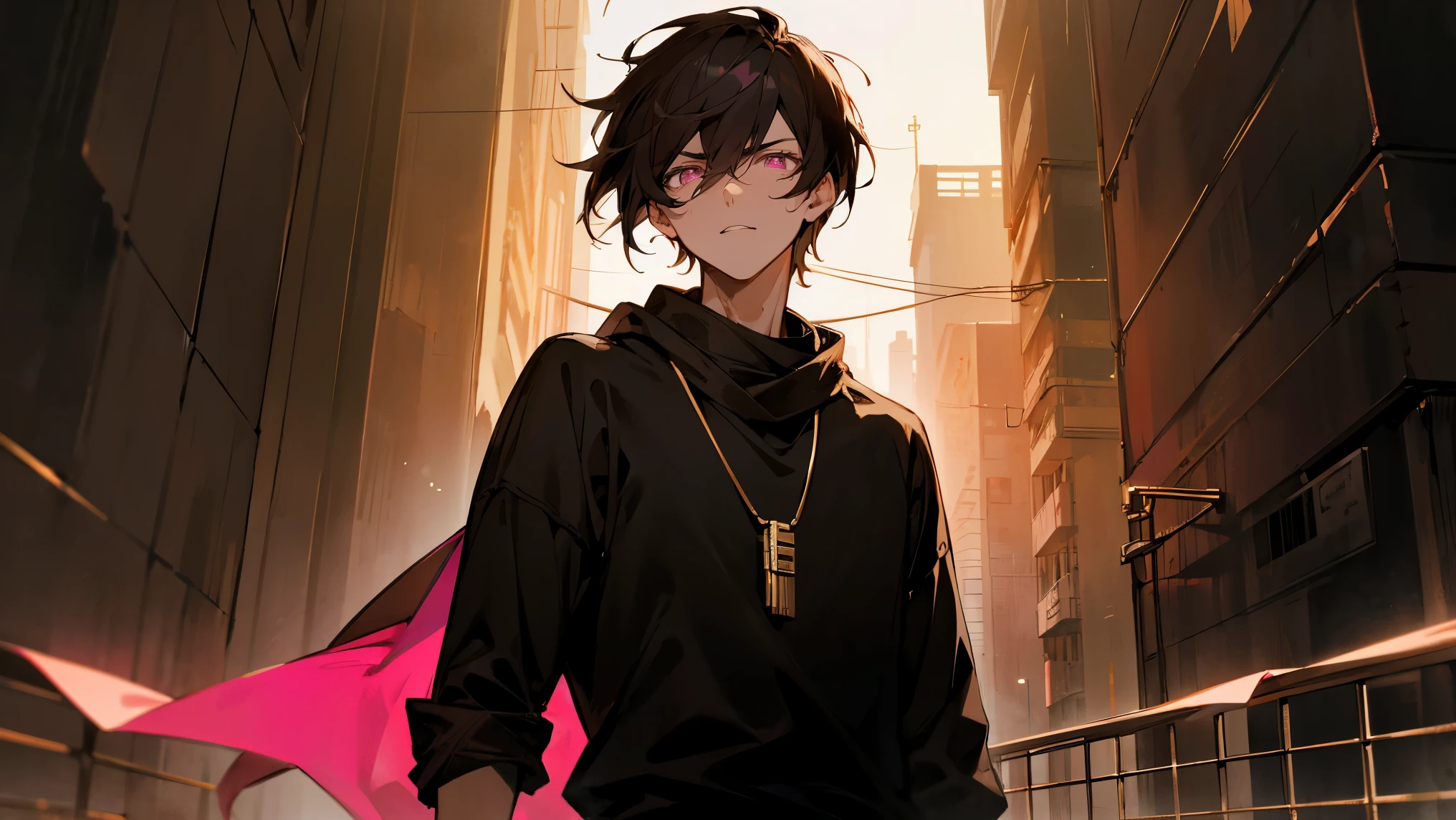 1male , Pink Eyes , Messy Black Hair , Serious Expression , Brown Gucci Scarf , Golden Chain Necklace , Black Long sleeve T-Shirt, Modern City Background , Lighting , Standing infront of a shrine 