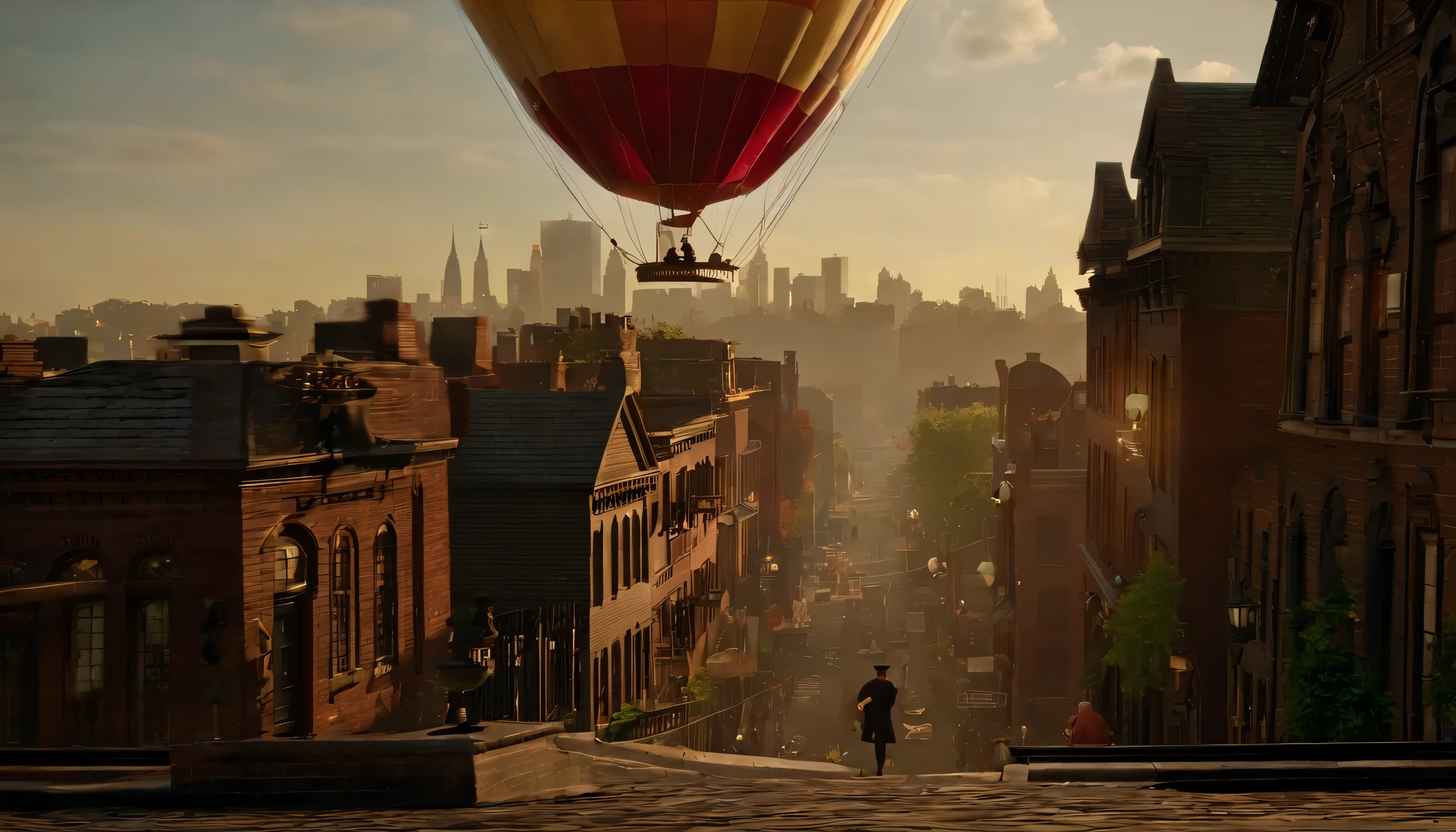 Streets of New York, USA in the 18th century,There is a hot air balloon floating at the height of the roof,There is a child sitting inside