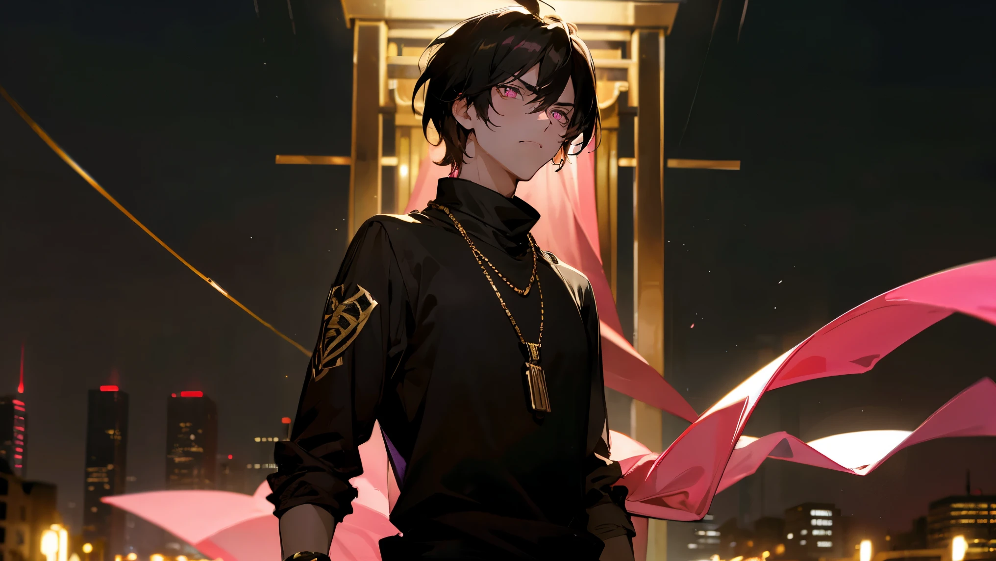 1male , Pink Eyes , Messy Black Hair , Serious Expression , Brown Gucci Scarf , Golden Chain Necklace , Black Long sleeve T-Shirt, Modern City Background , Lighting , Standing infront of a shrine 