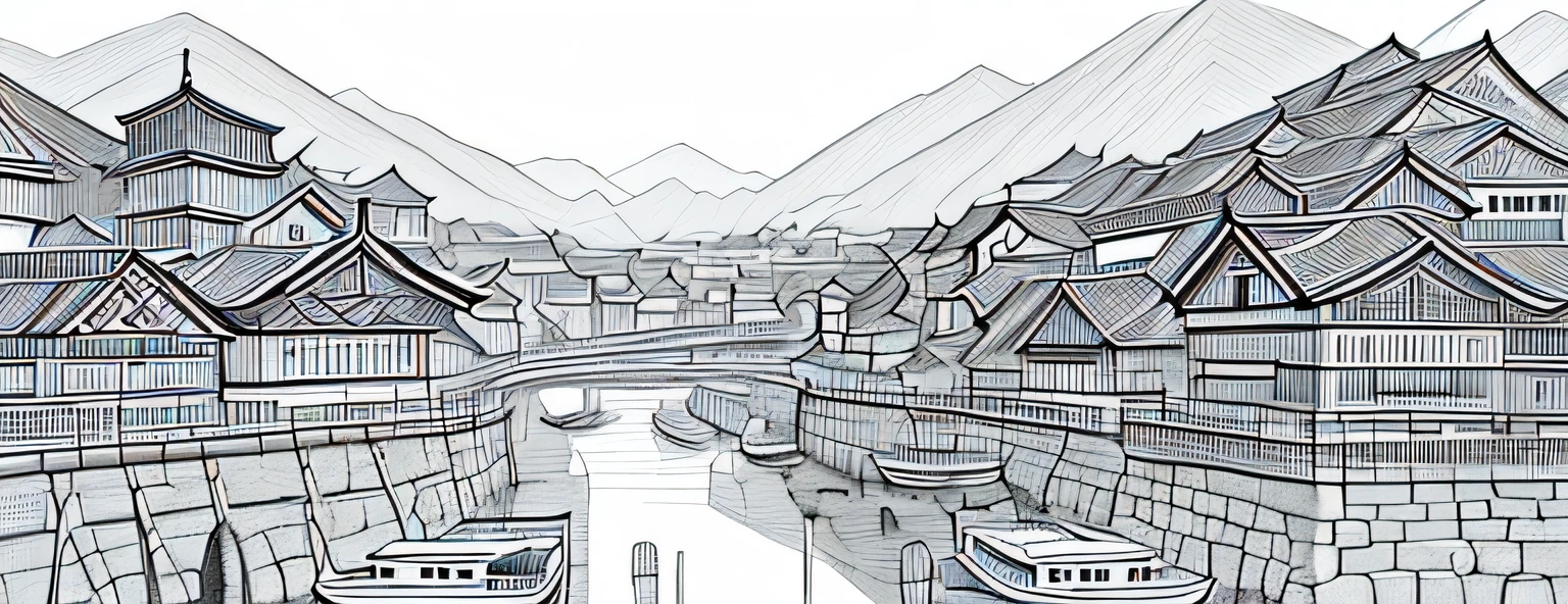 black and white drawing of a river with boats and buildings in it, cg society contest winner, modern european ink painting, chinese brush pen illustration, dreamy chinese town, detailed art, highly detailed illustration, traditional korean city, highly detailed ink illustration, detailed ink illustration, detailed sumi-e illustration