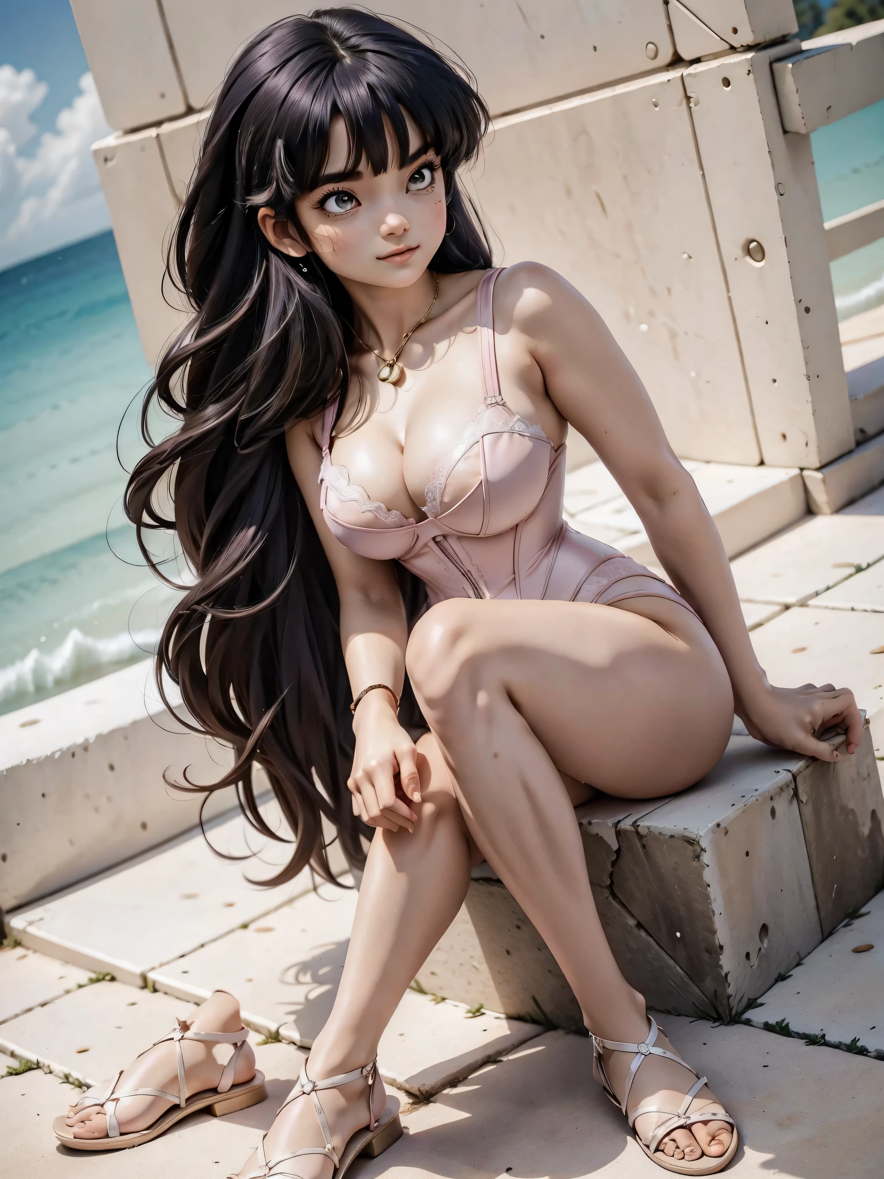 Dark-haired anime girl in pink swimsuit and corset, 16 anos, corpo bonito, seios grandes, com hand in panties , hand in hair, Garota sensual, purple cabelo, mechas de cabelo laterais, mechas de cabelo na lateral do rosto, beautiful lighting, sombras suaves, olhos azuis, pernas bonitas, cabelo curto, estilo anime, personagem Akane Tendo, Autora Rumiko Takahashi, Baseado em obra de Rumiko Takahashi, Anime Ranma 1/ 2, decote sensual, quadril robusto, corpo inteiro, corpo inteiro, busto grande, garota jovem com corpo belo e bonito, sandals on his feet, garota 16 anos jovem, usando maiô e corset pink, garota anime, estilo anime, beautiful feet in sandals, 45° viewing angle, ao ar livre, peito grande, seios bonitos, cabelo preto, sandals on the feet, pernas bonitas, sensual, belas pernas, Sandalias, seios grandes, corpo completo, corpo inteiro, feet with sandals, anime realista, saia, sarja roxa, personagem realista sensual, postura reta, ao ar livre, calcinha pink, hand in panties, hand in panties, seios grandes, sorrindo