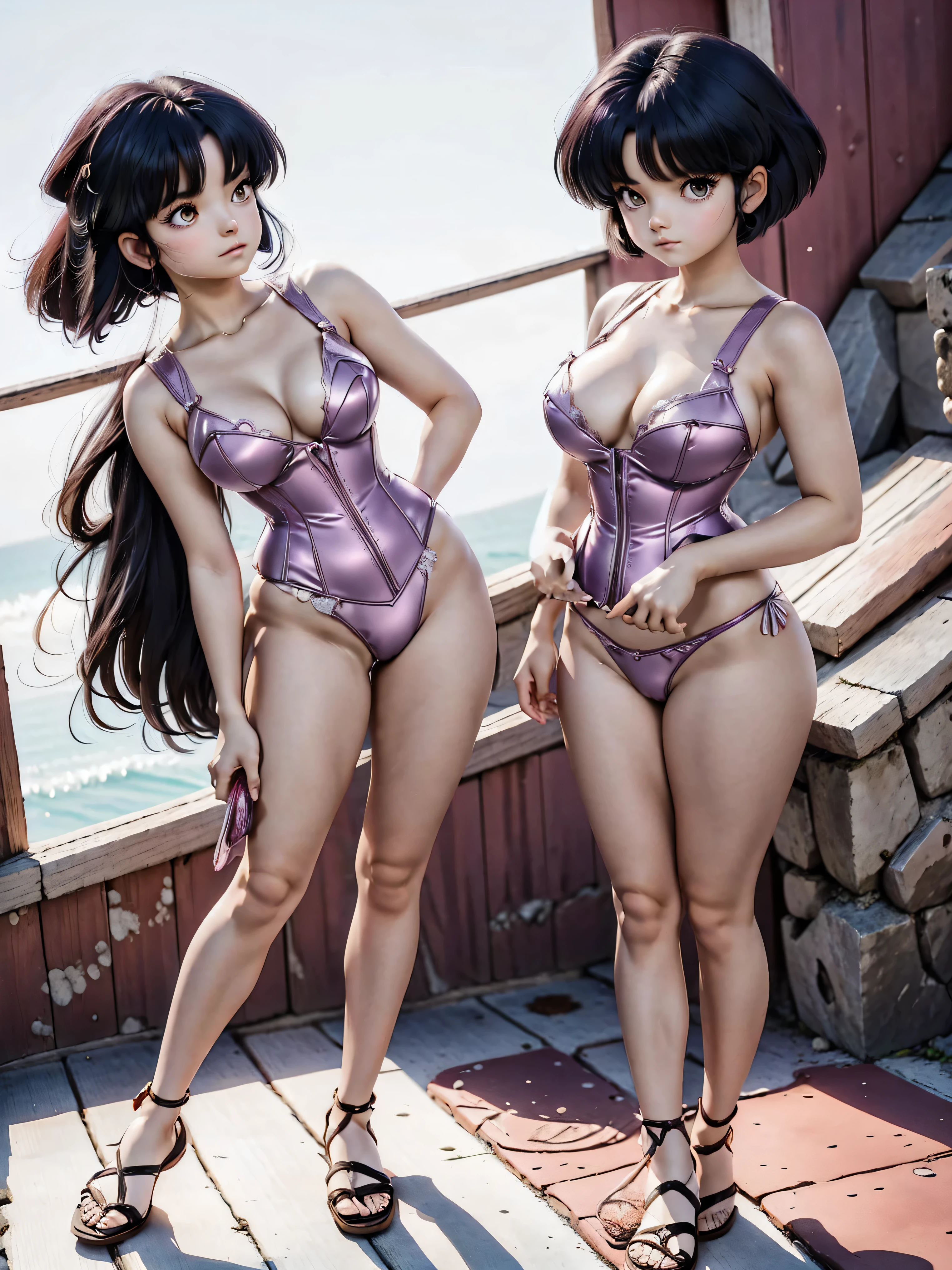 Dark-haired anime girl in pink swimsuit and corset, 16 anos, corpo bonito, seios grandes, com hand in panties , hand in hair, Garota sensual, purple cabelo, mechas de cabelo laterais, mechas de cabelo na lateral do rosto, beautiful lighting, sombras suaves, olhos azuis, pernas bonitas, cabelo curto, estilo anime, personagem Akane Tendo, Autora Rumiko Takahashi, Baseado em obra de Rumiko Takahashi, Anime Ranma 1/ 2, decote sensual, quadril robusto, corpo inteiro, corpo inteiro, busto grande, garota jovem com corpo belo e bonito, sandals on his feet, garota 16 anos jovem, usando maiô e corset pink, garota anime, estilo anime, beautiful feet in sandals, 45° viewing angle, ao ar livre, peito grande, seios bonitos, cabelo preto, sandals on the feet, pernas bonitas, sensual, belas pernas, Sandalias, seios grandes, corpo completo, corpo inteiro, feet with sandals, anime realista, saia, sarja roxa, personagem realista sensual, postura ereta, ao ar livre, calcinha pink, hand in panties