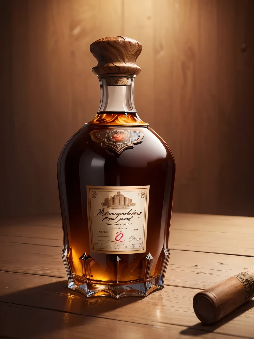 ((masterpiece、highest quality、Super detailed、High resolution、realistic、sharp focus))、((there are no humans))、high contrast、high color saturation、Note the large brandy bottle、ticker、cognac、Rémy Martin、((brandy glass with brandy))、decanter、brick wall background、blurred background