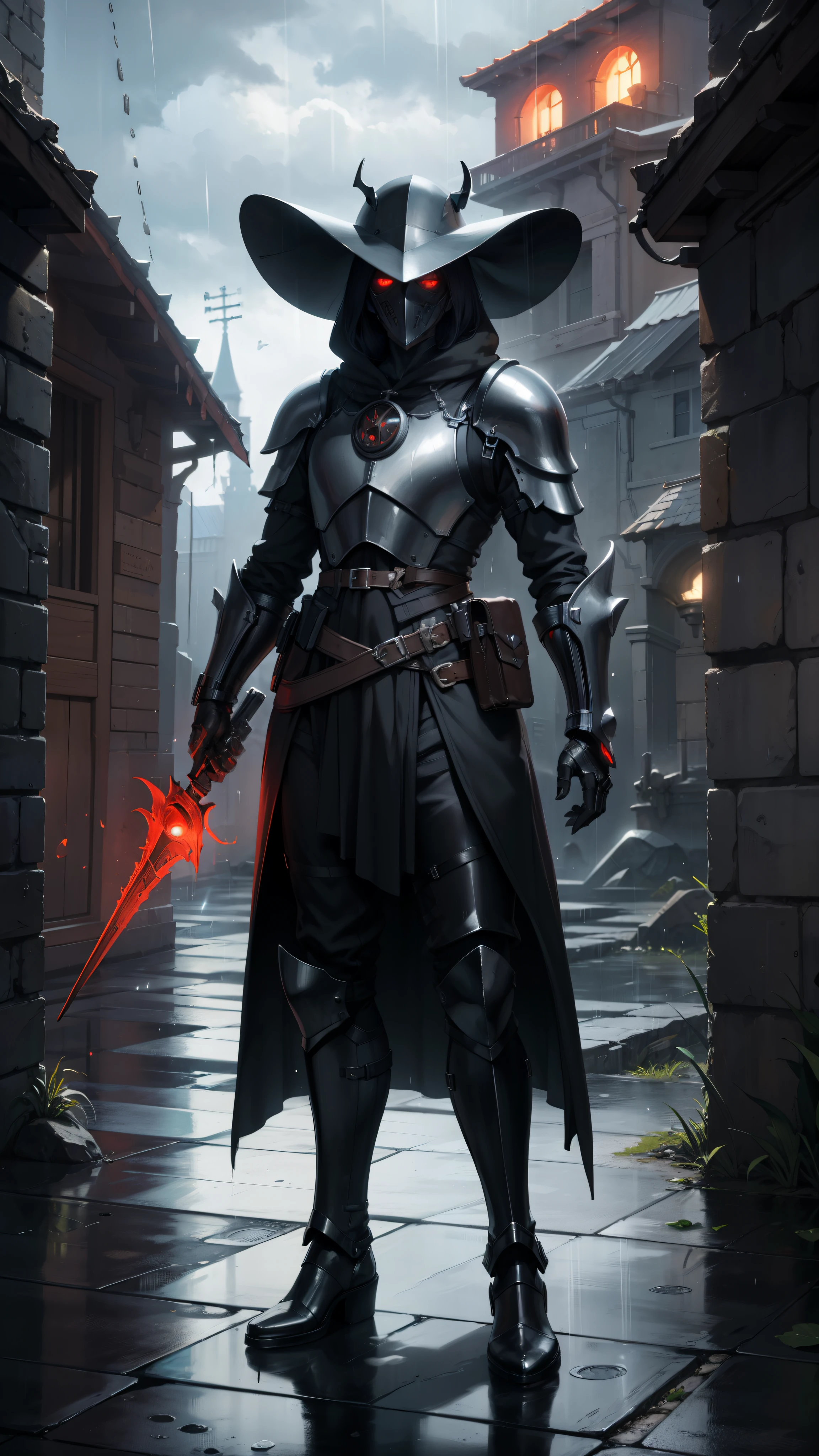 masterpiece, best quality, ultra high resolution, plague doctor inspired, futuristic body armour, full face helmet, red glowing eye, raining, black body armour, full body, darkness, standing