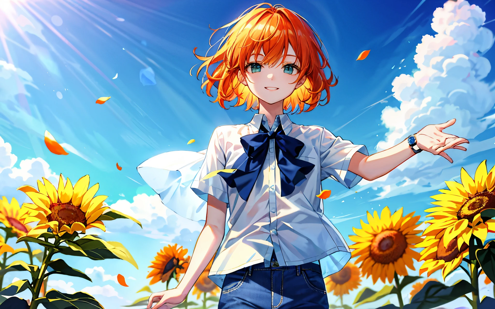 highest quality、perfect face、very detailed、very delicate、男solo, detailed face、golden ratio face、Gentle sunlight falls on my face,white collared shirt、blue shorts、short pants、jeans、summer、Sunflowers are in full bloom、open your arms、orange hair、medium hair、green eyes、solo、fine eyes、detailed background、smile、watch here、petal、Blue sky、High level image quality、delicate fingers and hands、whole body、upright
