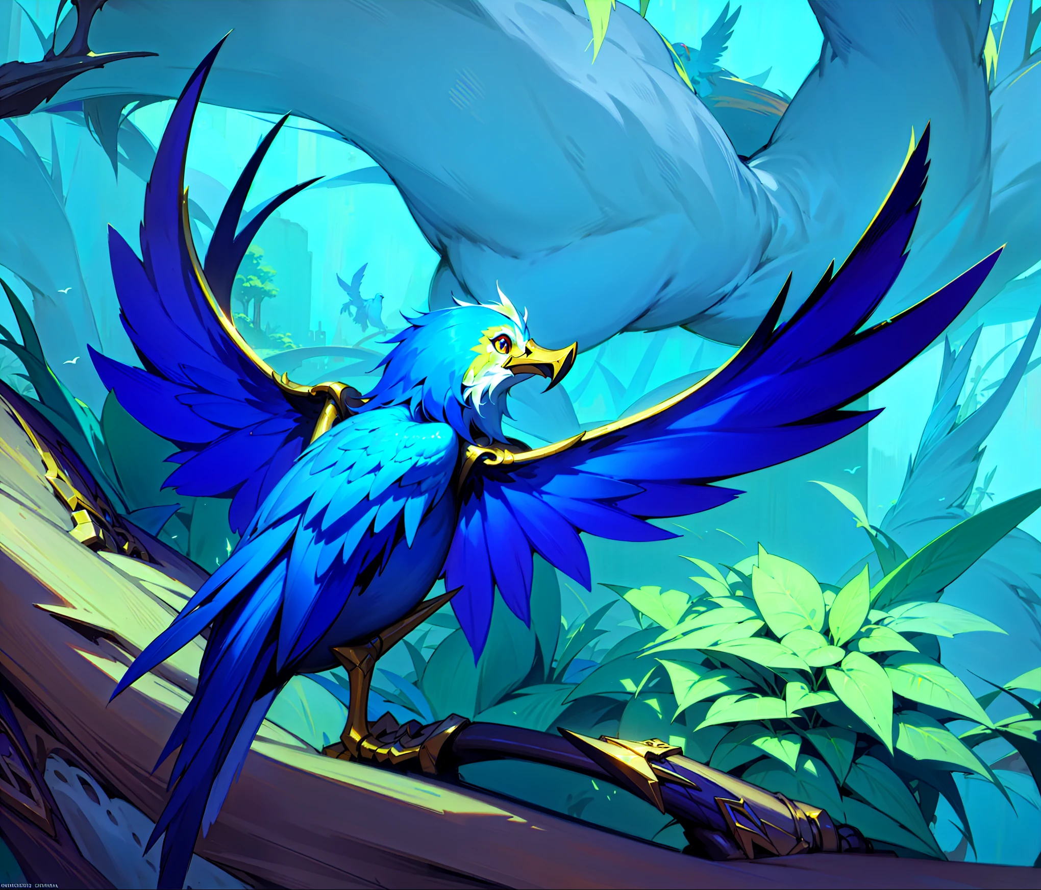 League of Legends art style, Official splash art, From League of Legends, League of Legends style art,Style ivan talavera and artgerm, bird, fantasy art style, zanlatalia, character splash art,golden atmosphere,Warm colors,蓝色的bird,bird,Reasonable structure,clear structure,Turn your back to the audience,back,bird的back