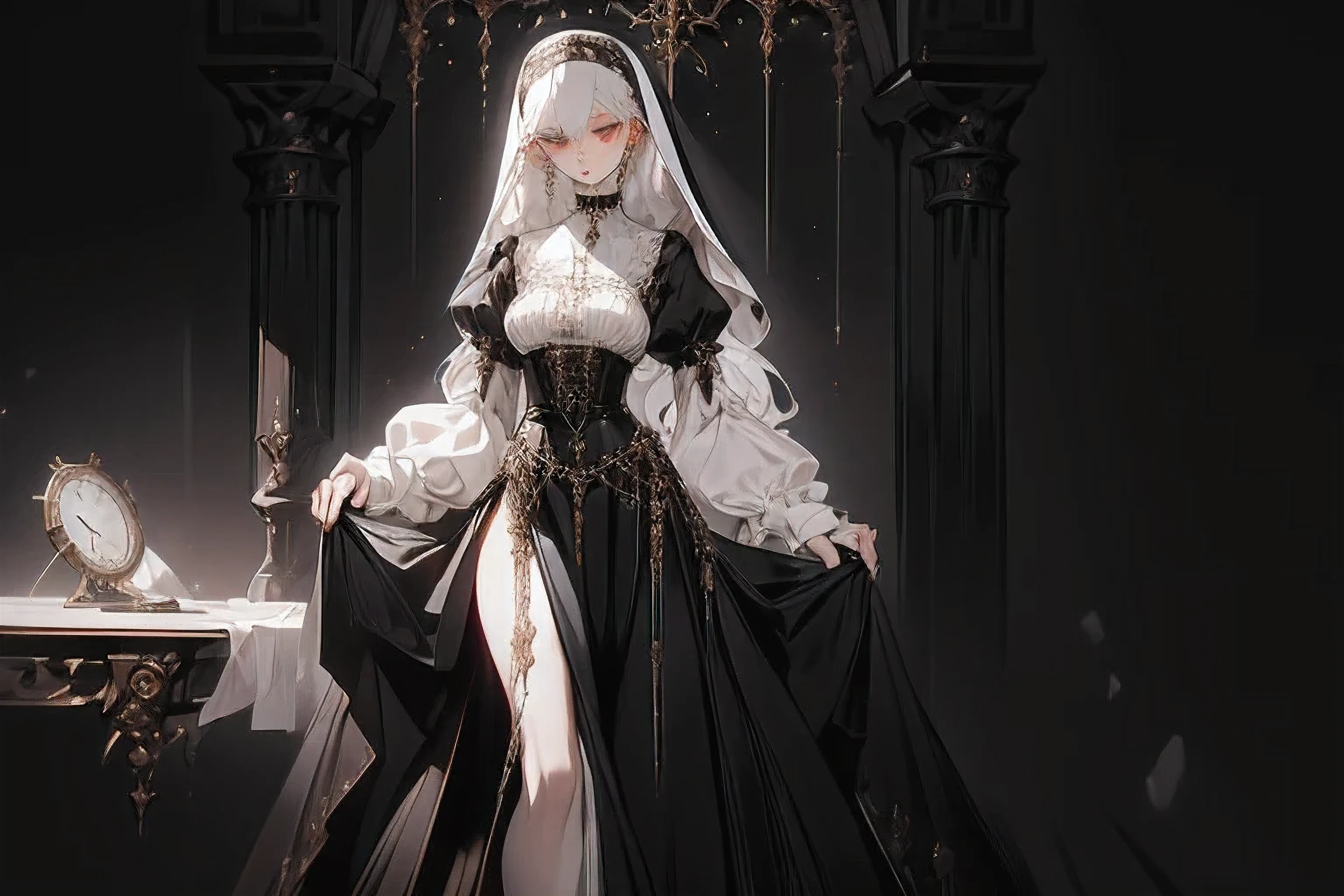 (masterpiece, best quality:1.3), 1 lady, white hair, in the clothes of a nun,short skirt,High slit,black gothic belt,Metal fittings, detailed, gem, victorian dress, horror element,dark style,text, concept