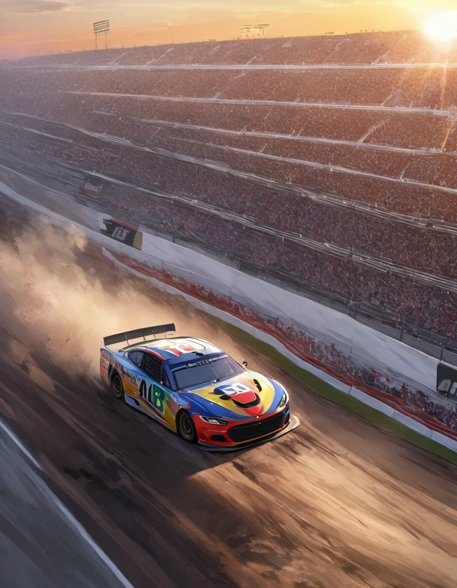 A high-octane image of the Daytona International Speedway during the Indianapolis 500 race. The track is teeming with brightly colored, sleek race cars zooming at breakneck speed, their tires kicking up dirt and gravel. In the background, a massive crowd is seen, with fans waving flags and cheering on their favorite racers. The sun is setting, casting warm, golden hues over the scene, while a large American flag waves in the distance.