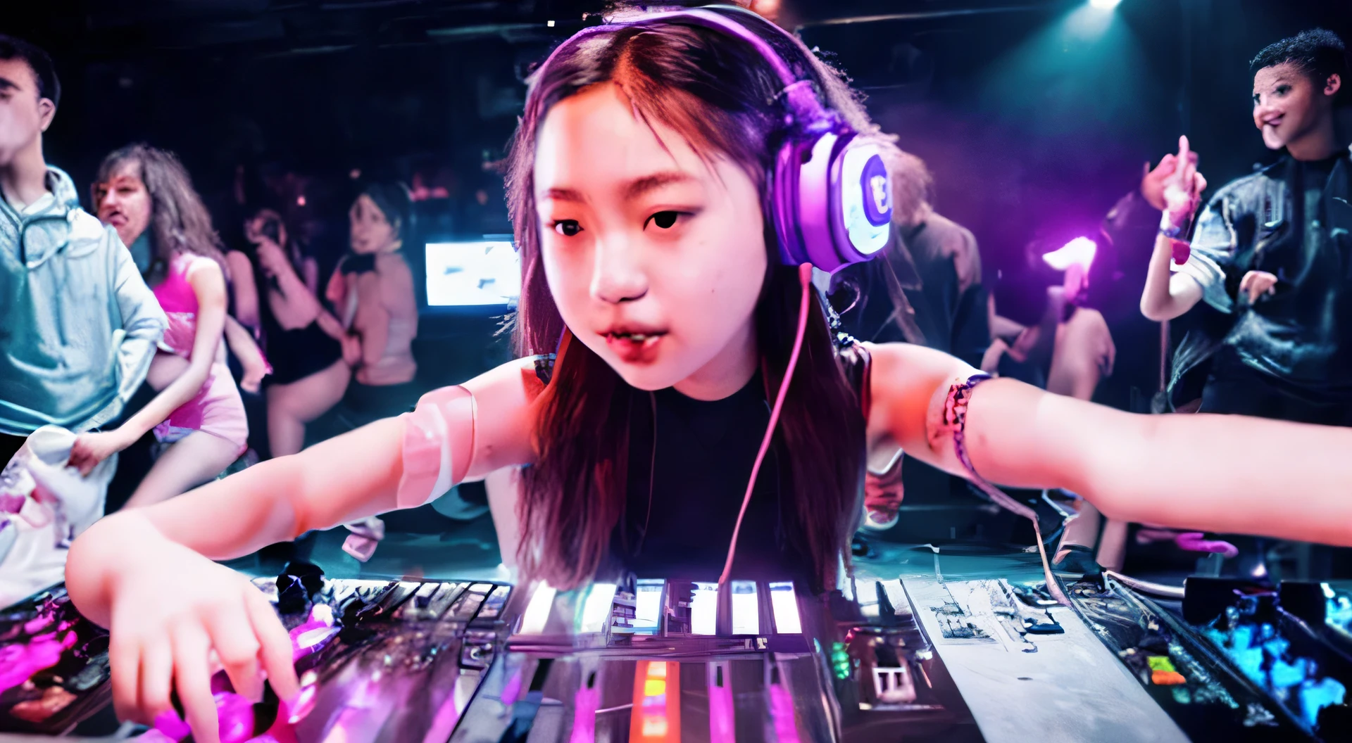 Young female DJ is SF DJ ,(Upper body:1.5), At a lively disco,look at the crowd,headphone、