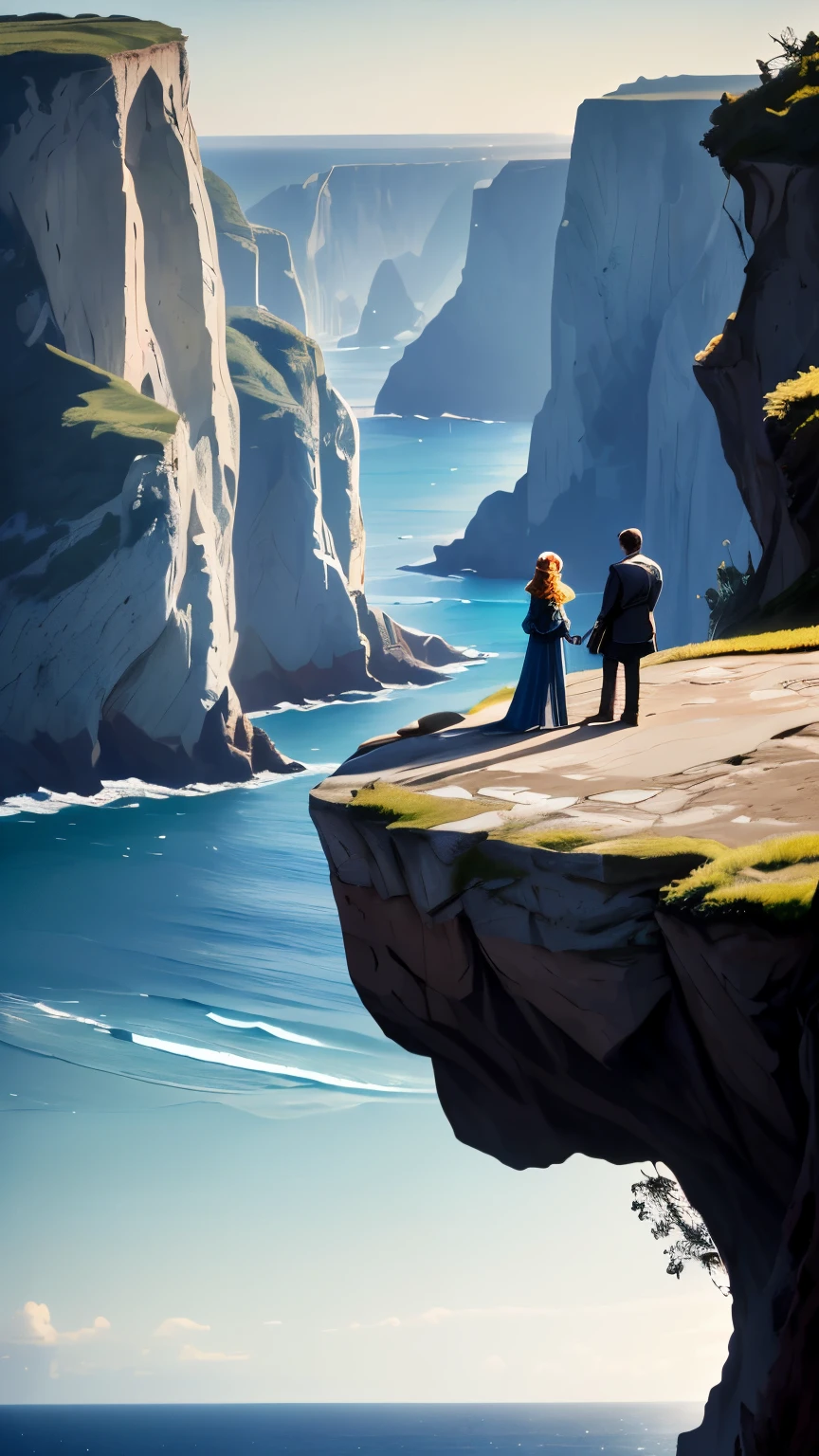 looking from a distance,A man and a woman are talking on a cliff by the sea,Ultra-long lens