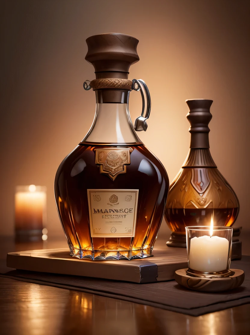 ((masterpiece、highest quality、Super detailed、High resolution、realistic、sharp focus))、((there are no humans))、high contrast、high color saturation、Note the large brandy bottle、ticker、cognac、Rémy Martin、((brandy glass with brandy))、decanter、brick wall background、blurred background