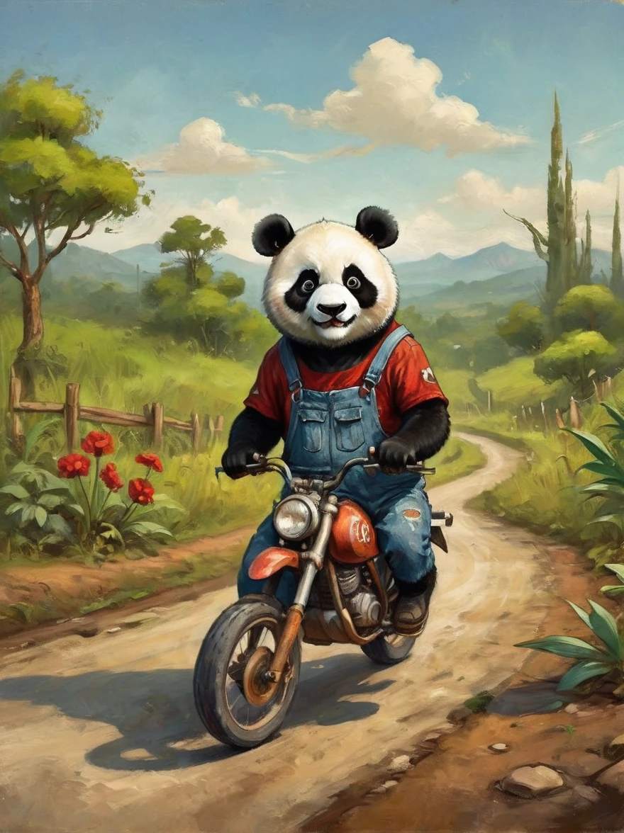 cartoon illustration，simple，Anthropomorphic cartoon raccoon depicting an alien life form，Hats with rabbit ears，Holding a big wooden hammer in hand，Alien bioluminescent vegetation in the background, Anthropomorphic cartoon raccoon looks unusual and majestic, Slender and tall, muscular, glowing blue eyes，Sloppy and exaggerated expression，Loose ripped denim ripped overalls overalls，red top，Tattered leather shoes，Carrying a big bag behind him，walking in abandoned streets，Many broken wine bottles around，Dirty environment，correct human anatomy