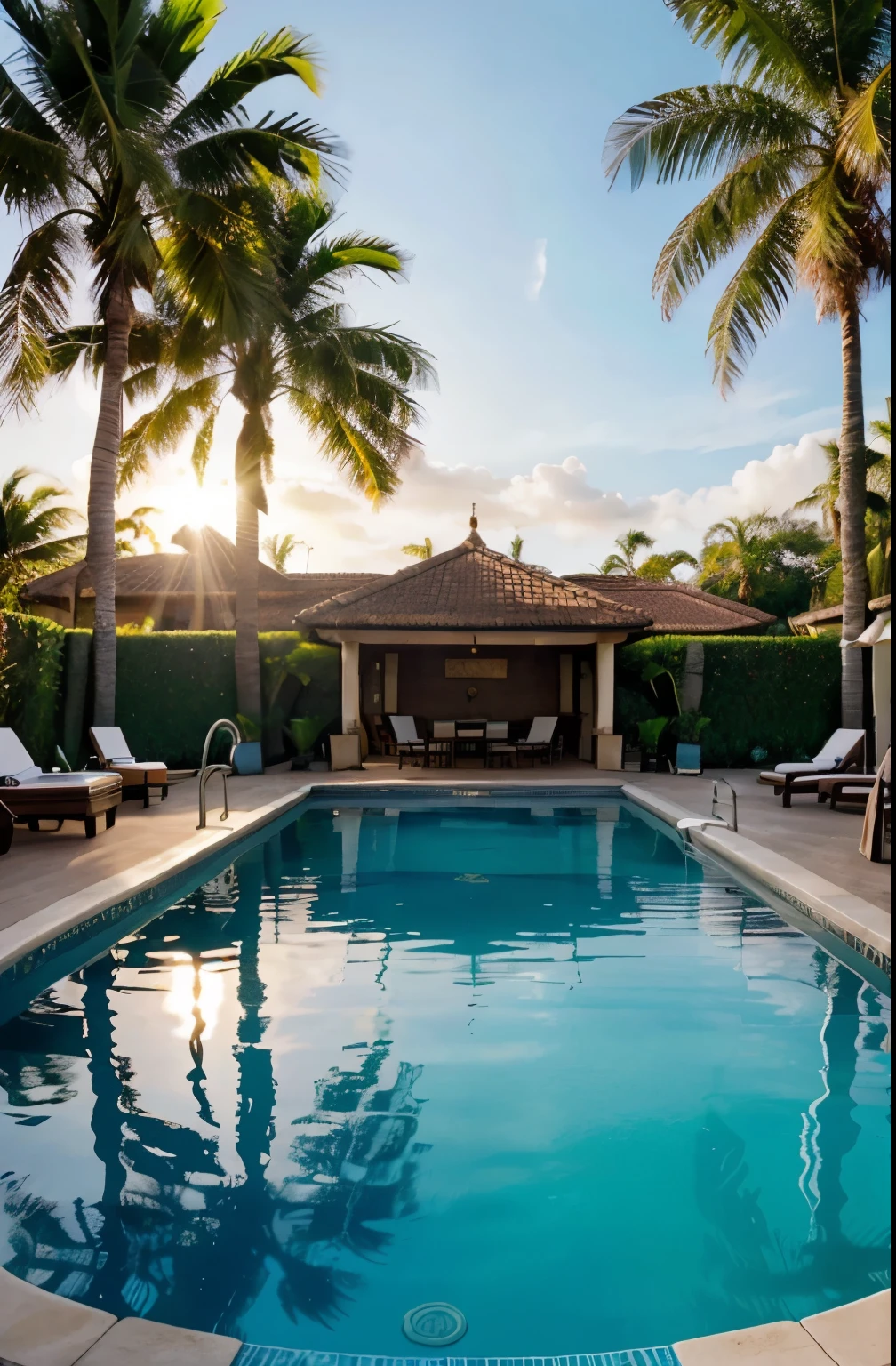 Realistic, cinematic, detail, resort, pool, sunlight, afternoon, sunny day, luxury