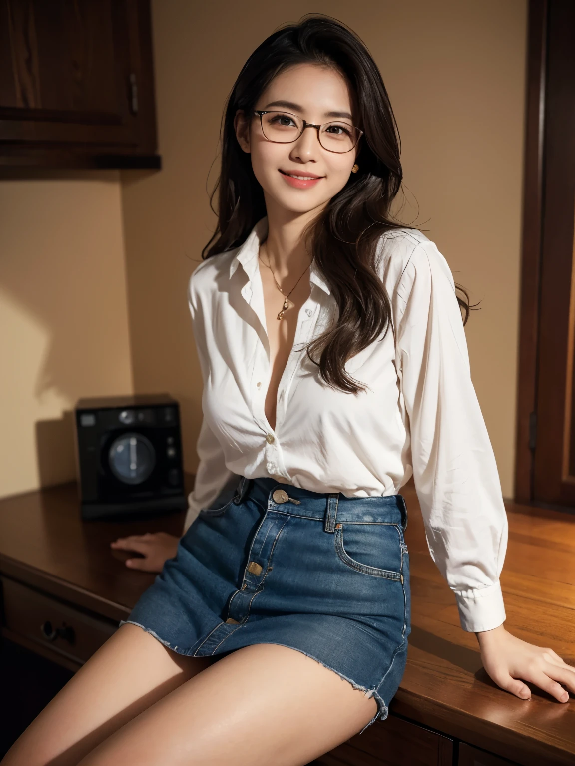 japanese woman、black long hair、hair with volume、beautiful face、double eyelid、OL style、glasses、Blue micro mini skirt、white shirt、beautiful feet、long legs、barefoot、thighs、tall、stiletto heelodel pose、cross your legs、Put on a chair