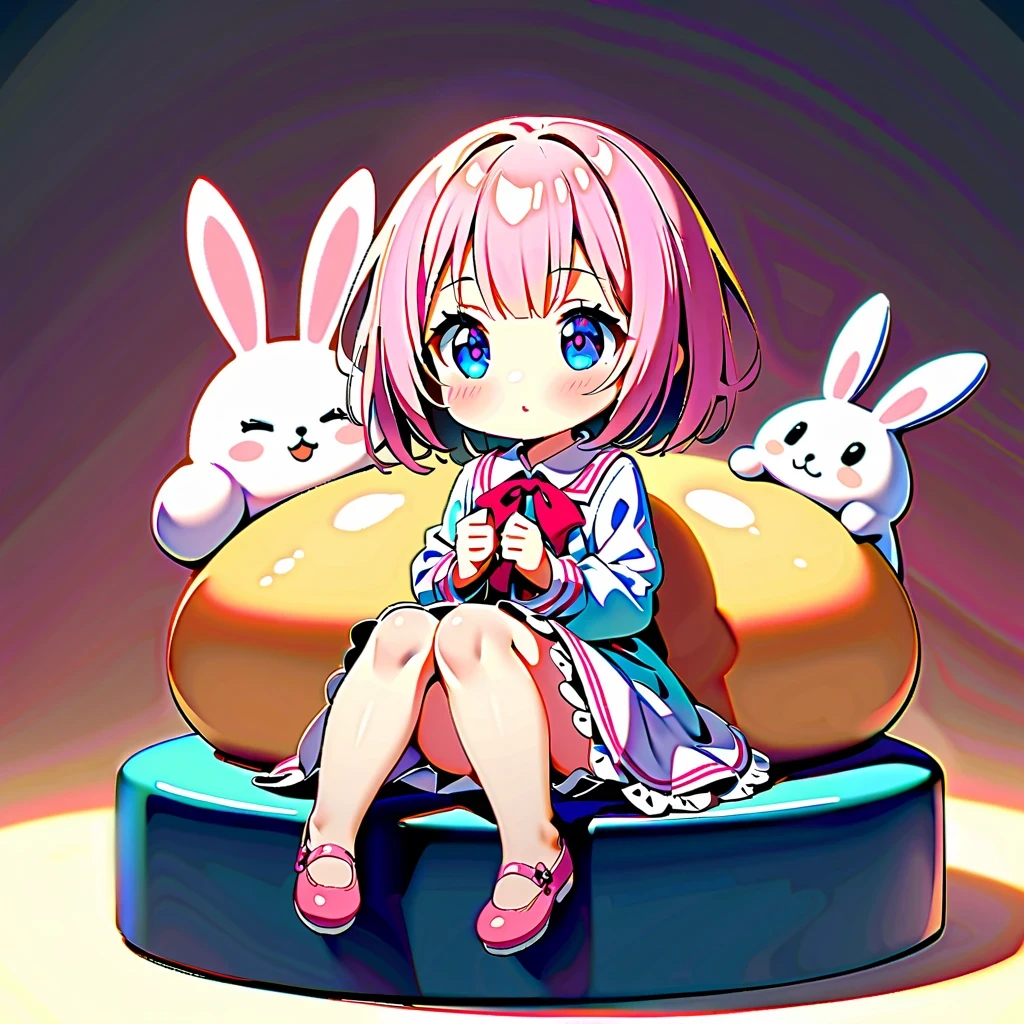 With white as background，Highlight the freshness and purity of anime girls。She is wearing a pair of delicate pink shoes，Adds a bit of playfulness and cuteness。next to her，Sit with the cute bunny character，It seems to be enjoying this beautiful moment too。