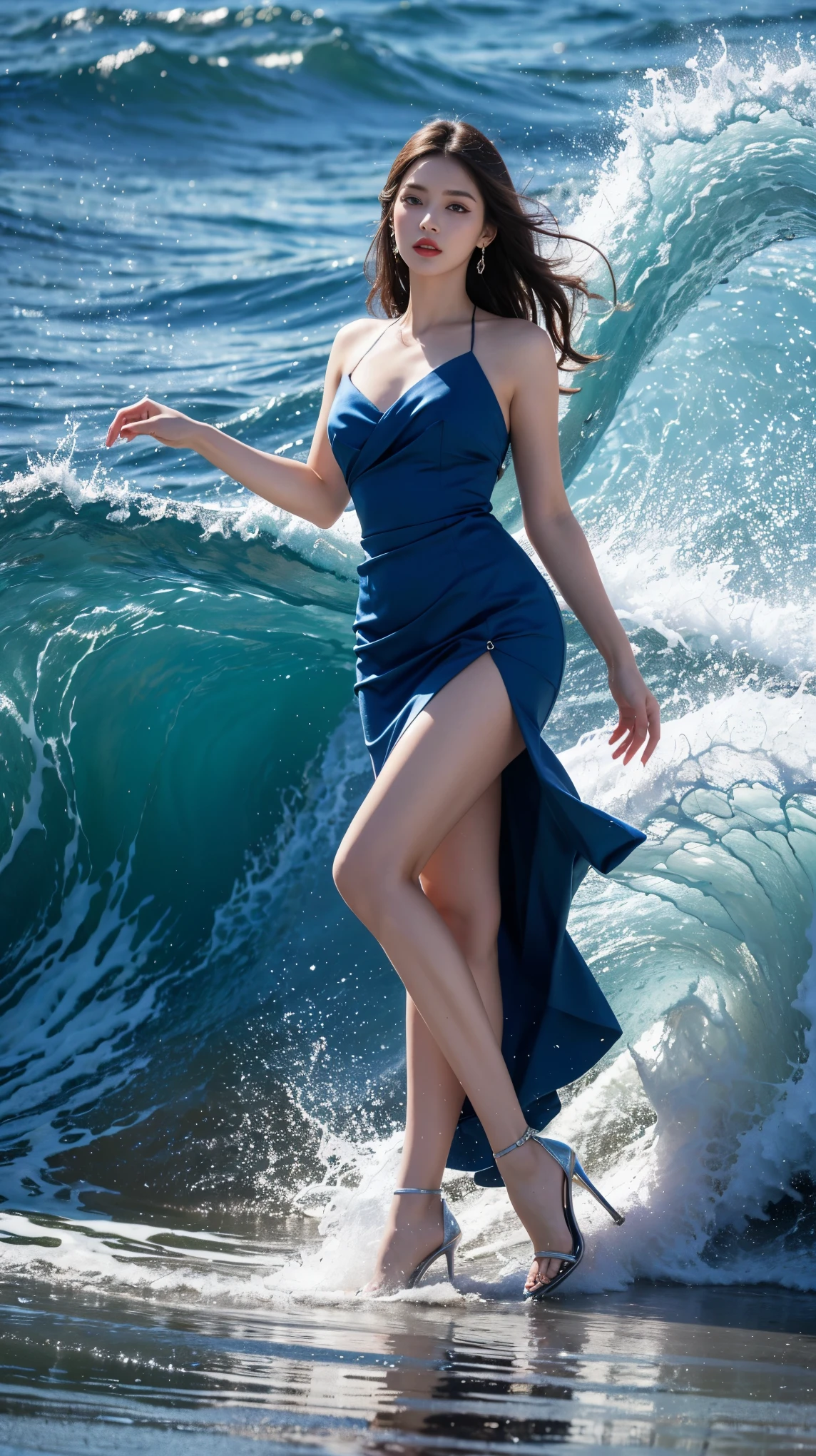 highest quality,masterpiece,ultra high resolution,(actual:1.4),original photo,ultra high resolution,8K,there is a woman,Fair skin,exquisite makeup,big waves of red lips,blue dress,high heels,long legs,bright and beautiful