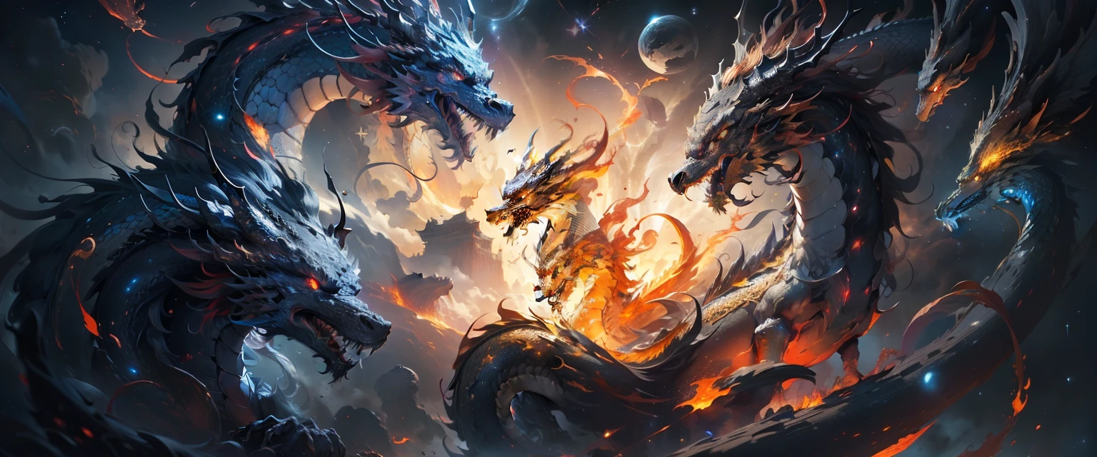 "Majestic cosmic golden oriental dragon,Red eyes, floating gracefully in the endless、In a black space filled with stars, Exuding a majestic but ominous aura".