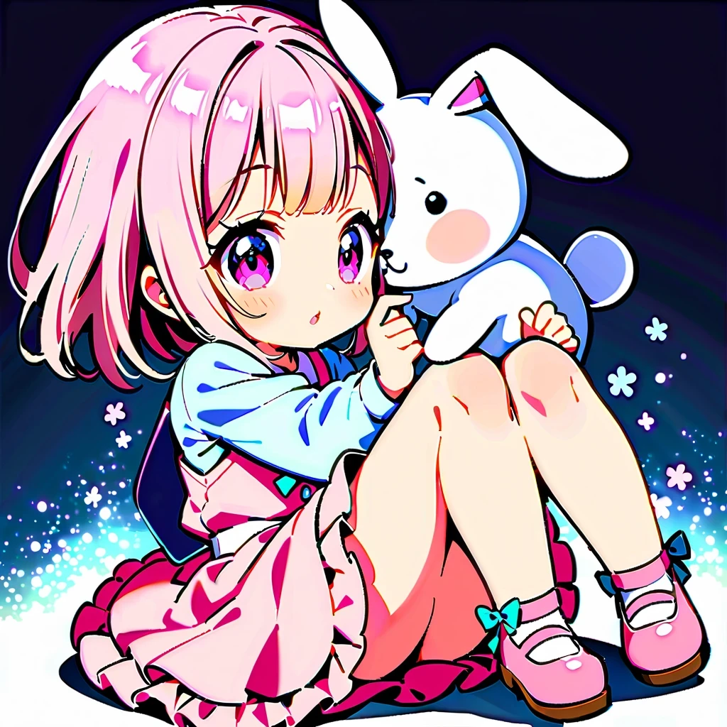 With white as background,Highlight the freshness and purity of anime girls。She is wearing a pair of delicate pink shoes,Adds a bit of playfulness and cuteness。next to her,Sit with the cute bunny character,It seems to be enjoying this beautiful moment too。