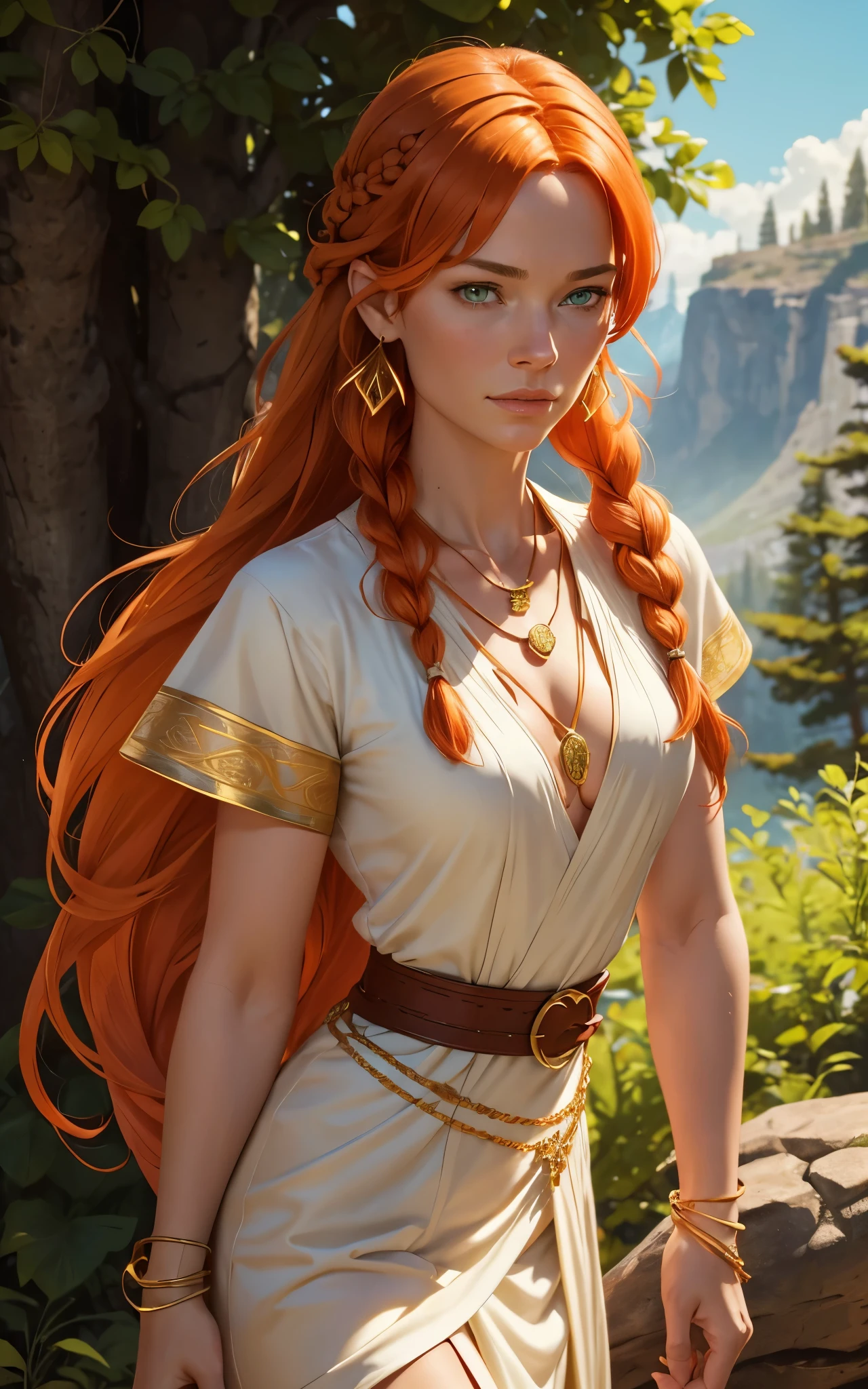 Flamme, (young Lena Headey:Evangeline Lilly), A 35-year-old woman with orange hair, green eyes, sideburns, one large braid, a gold necklace with a ruby pendant, dressed in a white Greek tunic and Roman sandals, with gold bracelets on her arms, forest in the background, masterpiece, hyperdetailed,((1girl)) ,bangs,braided ponytail,single braid,orange hair,very long hair,sidelocks,red earrings,hair over one eye,