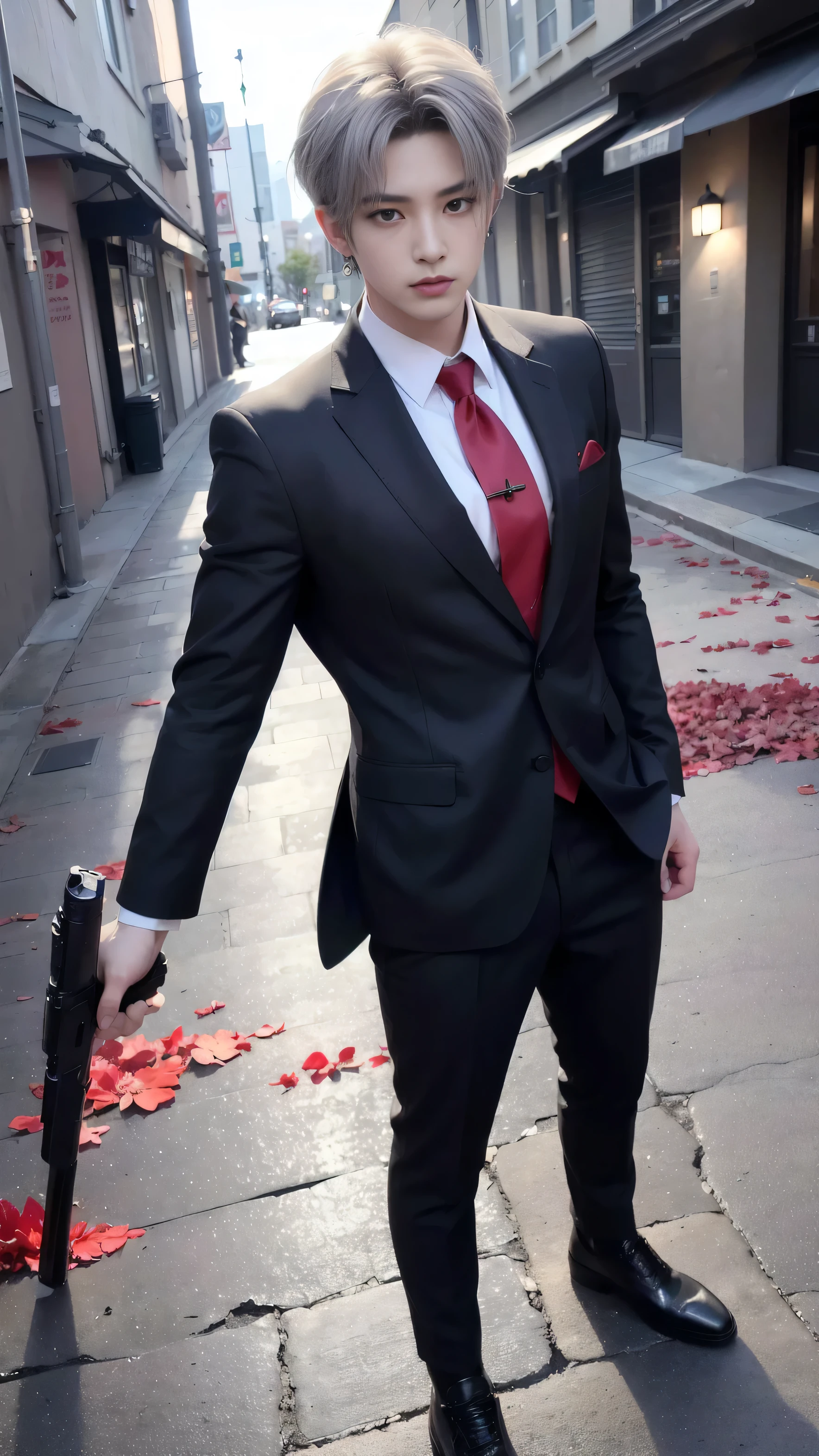 (Photo 8,000, best quality, Masterpiece:1.2),(realistic, photo-realistic:1.37) young ,handsome man, ((Mark Tuan Got7)), white skin, face details, Bright gray eyes., ((Platinum gray hair, short wavy hair.)),smile a little, (((Black long-sleeved suit and red tie))), (bad boy), ((Yakuza tattoos)), (((gun holding position))) (((Night city in the background))), (cross earrings), necklace, ((full body)) vertical photo (Long shot) , shoot,The background is a dark alley. There was a shadow of a person lying on the ground covered in blood..Dark Aura,Black mist floats around..
